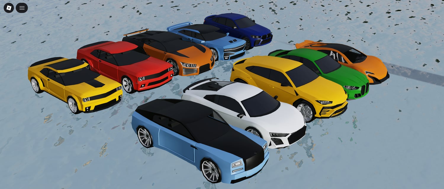 Side view of different car models in Roblox pack