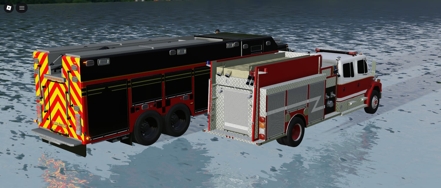 Group of three realistic emergency trucks in Roblox map