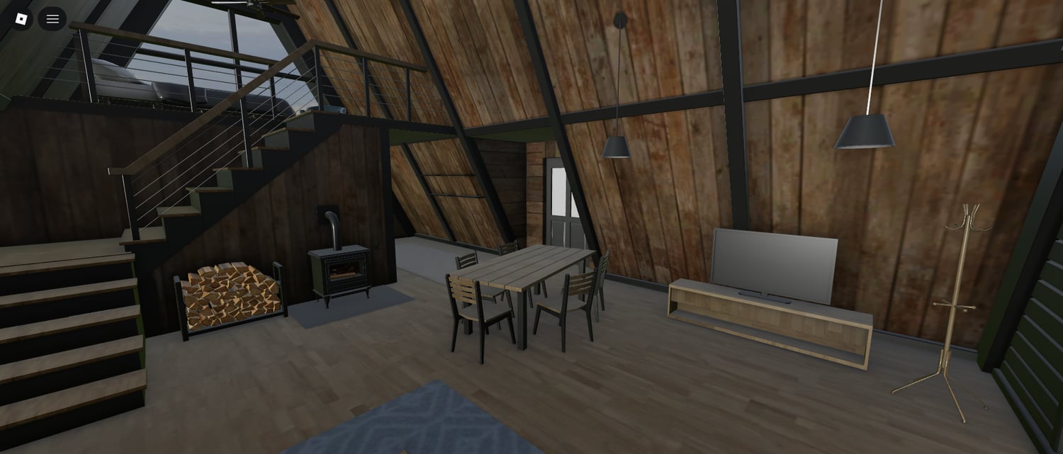 Interior layout of a cozy cabin in Roblox