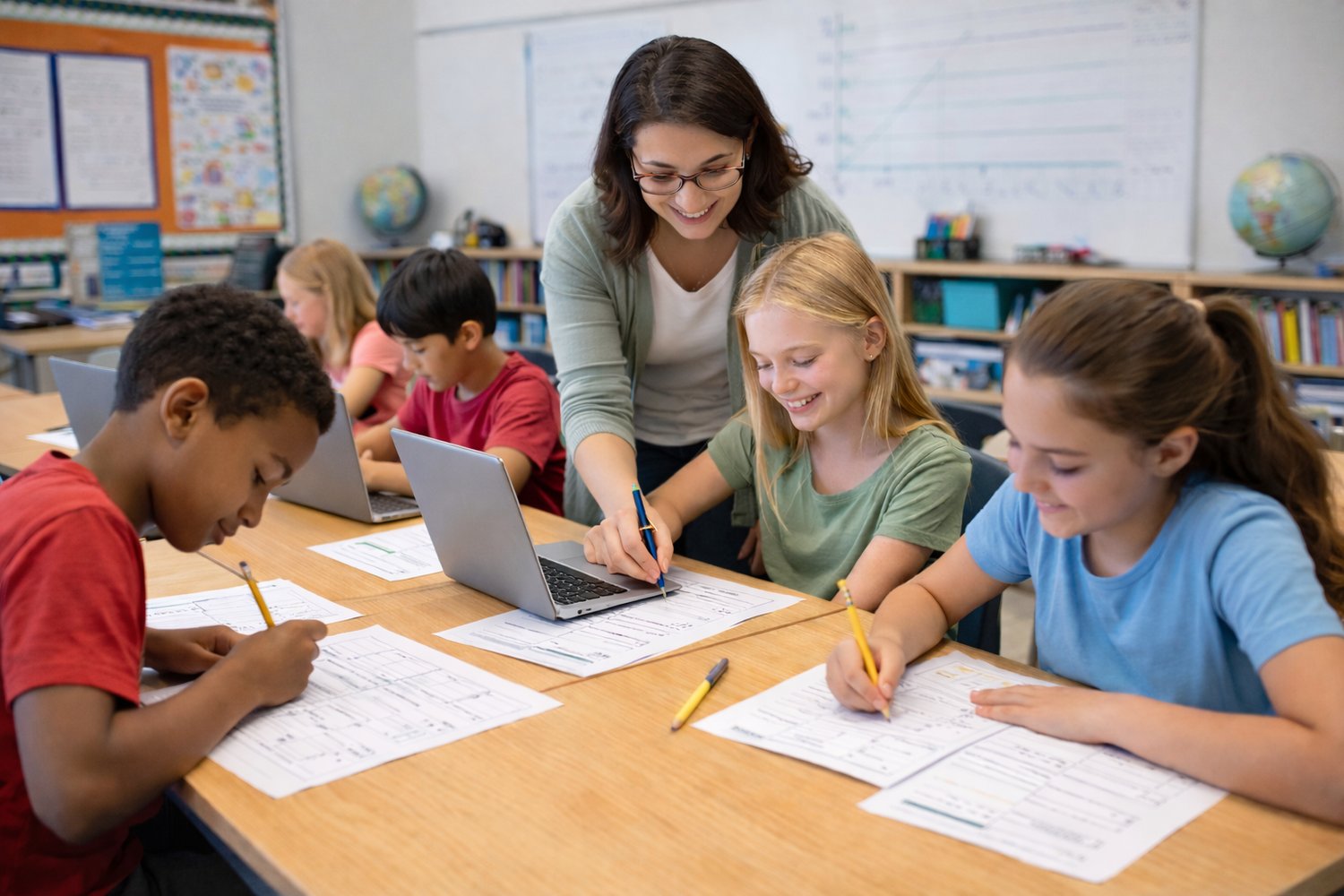 Middle school math classroom using digital and printable spiral review activities, with students working on laptops and worksheets during a guided math lesson.
