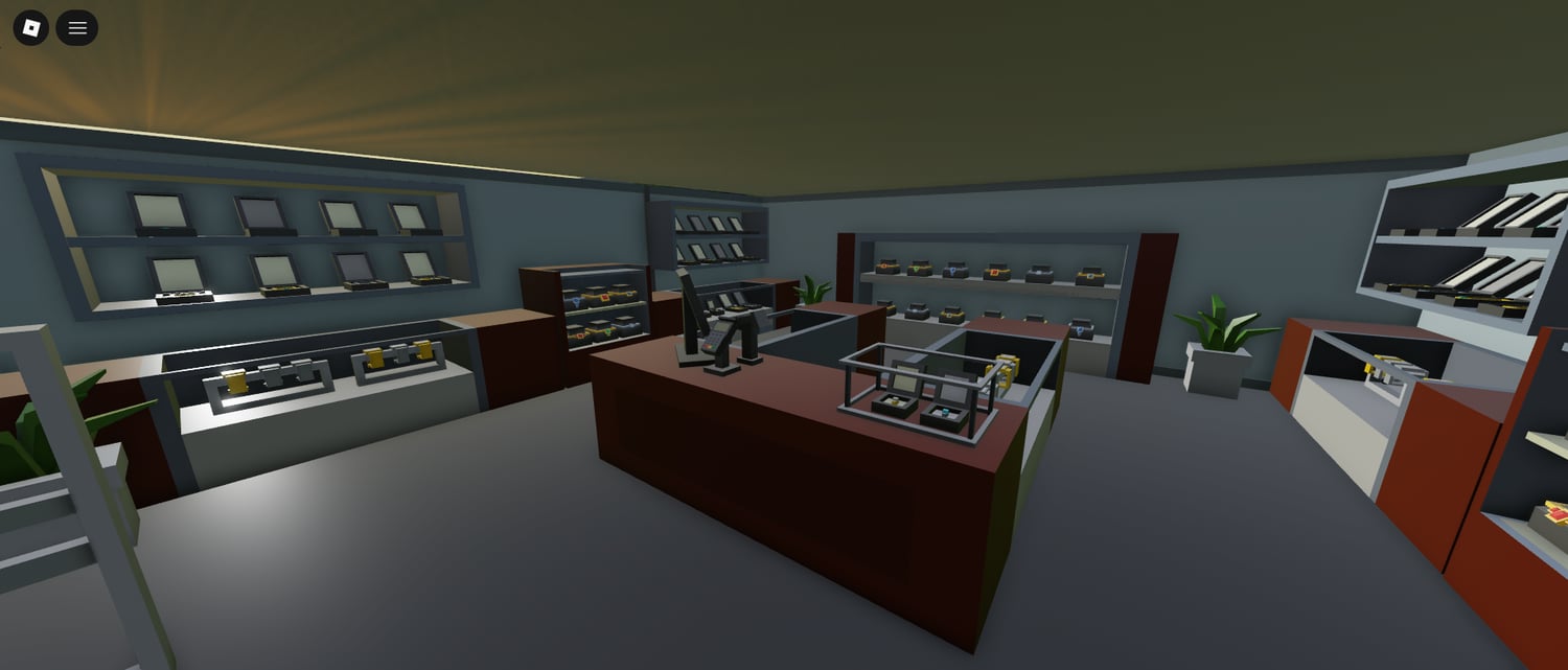 Wide-angle view showing multiple stores inside the mall Roblox