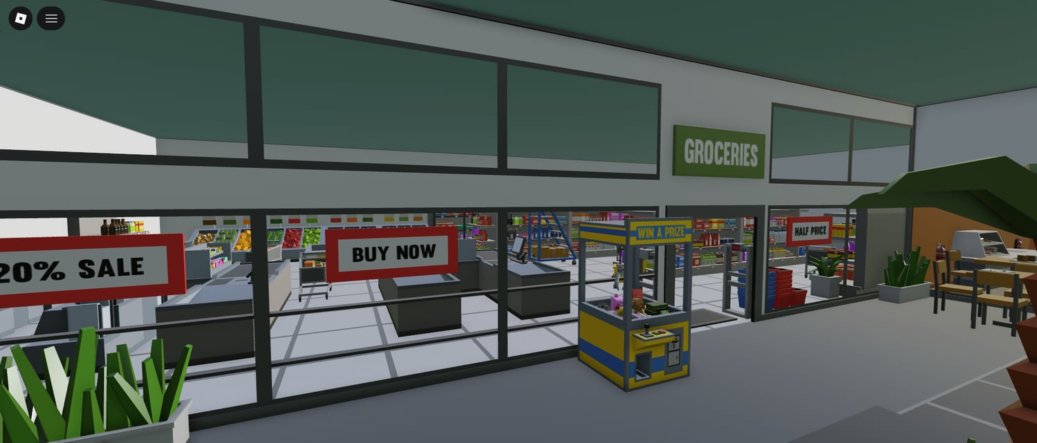 Roblox mall with open spaces and multiple shops