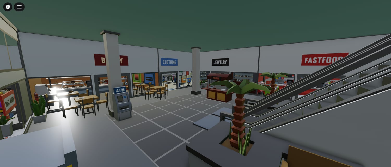 Detailed storefronts inside Roblox mall map