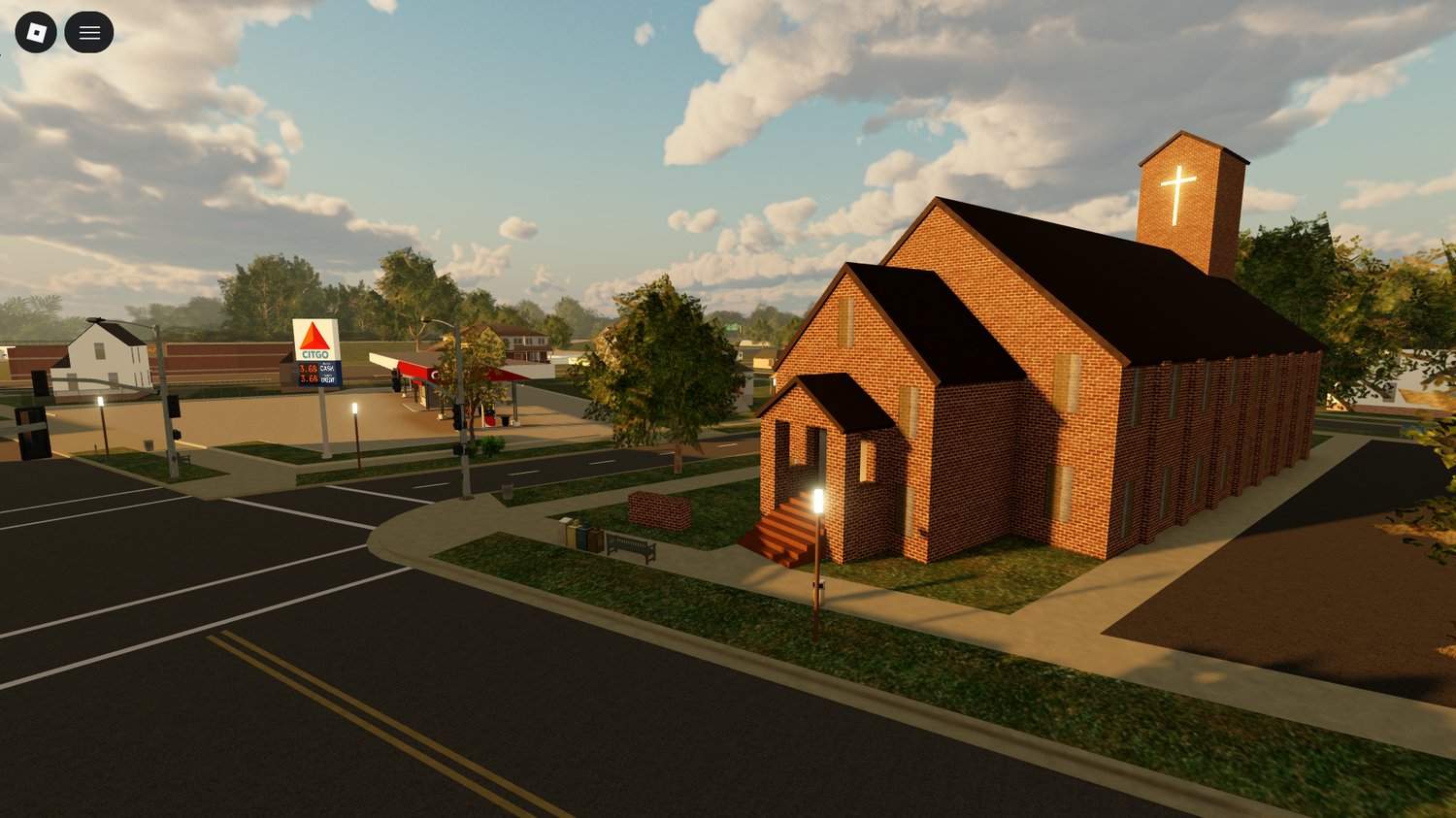 Wide-angle view of open-world driving map Roblox