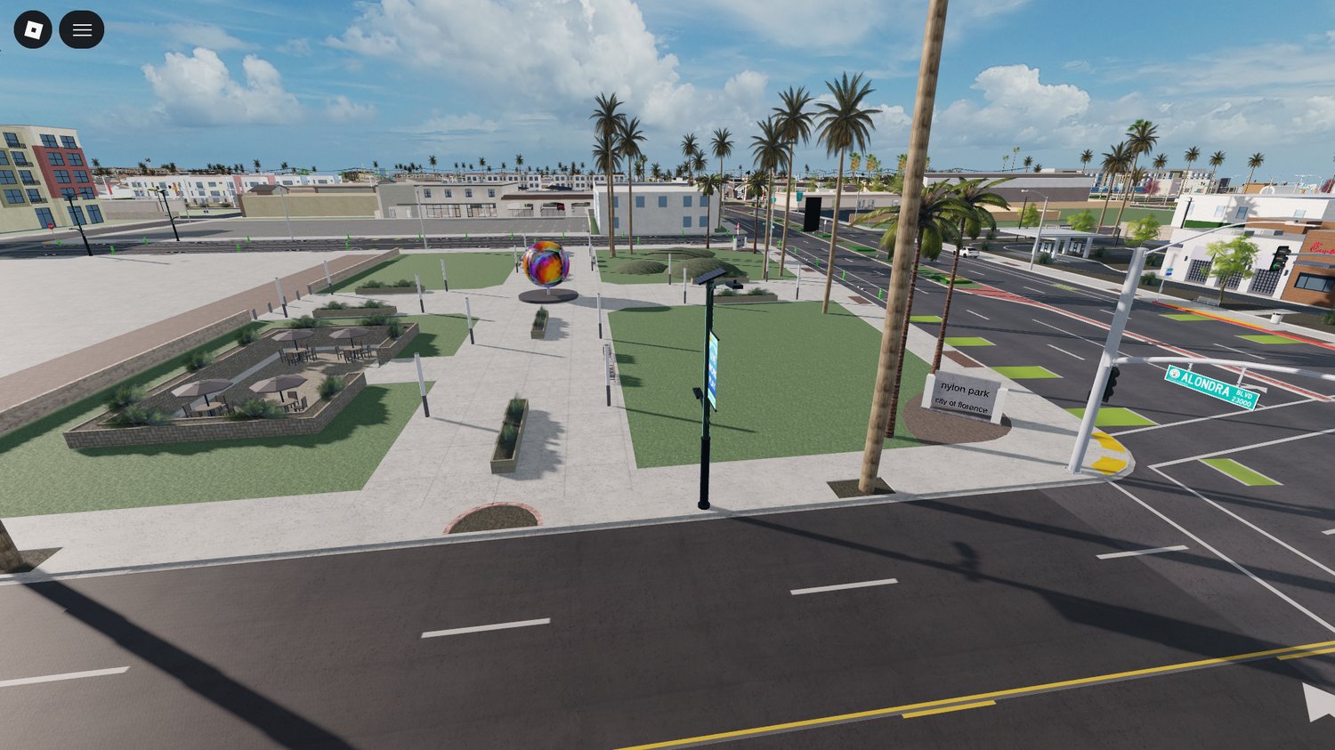Street view of restaurants and shops in Roblox city