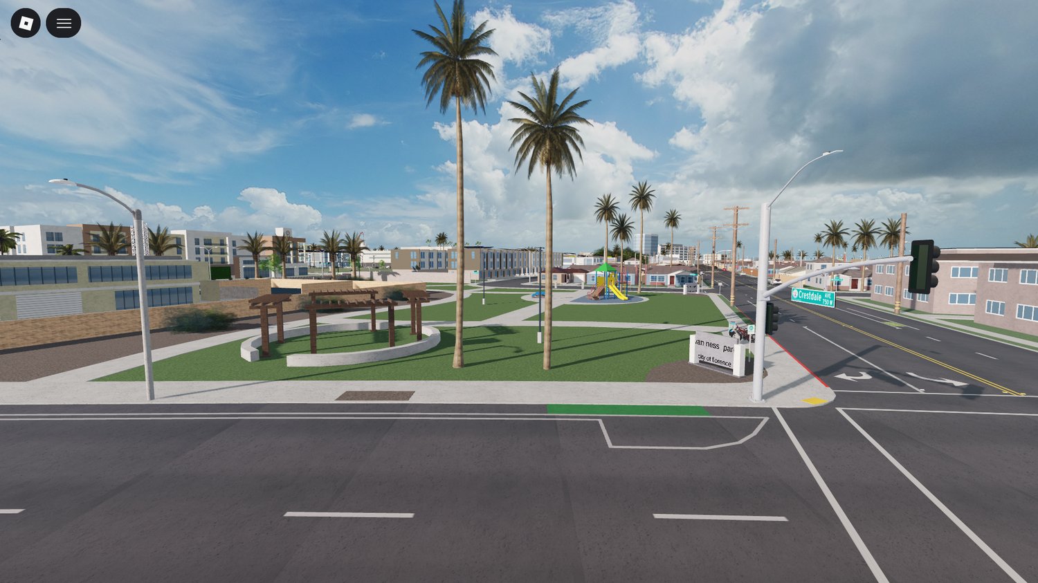 Wide-angle view of urban layout with roads and buildings Roblox