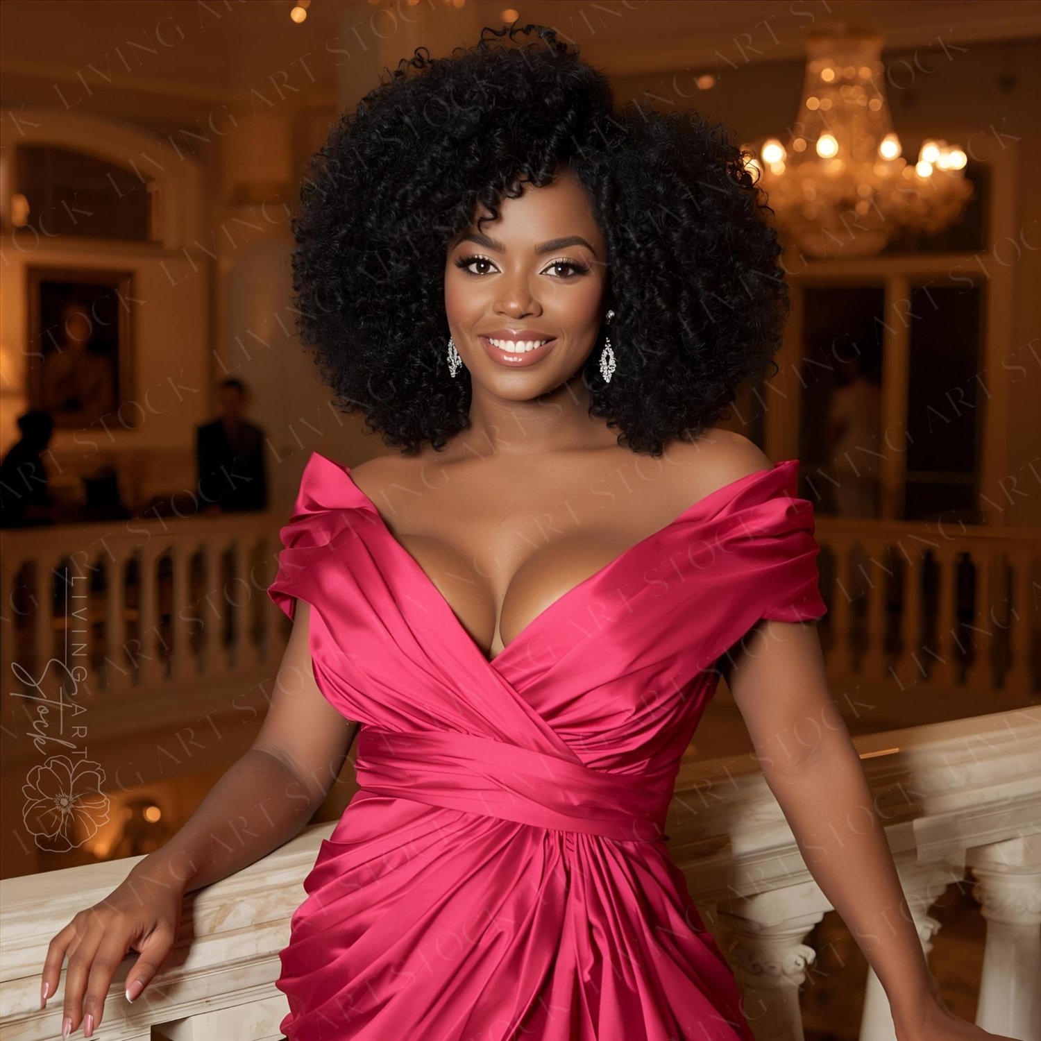 A vibrant portrait of a confident Black woman with voluminous natural afro curls smiling radiantly at the camera. She is wearing an elegant, off-the-shoulder fuchsia satin gown with intricate draping and a deep V-neckline. Her look is accessorized with sp