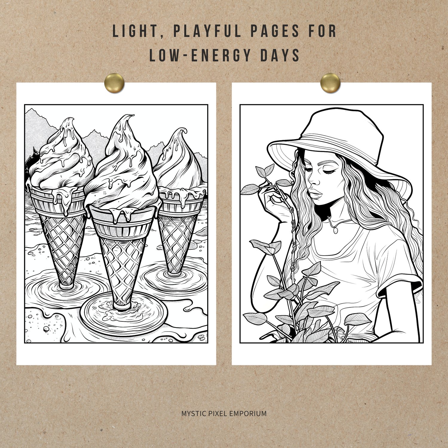 Two easygoing sample coloring pages on kraft paper—melting ice cream cones and a calm feminine portrait for low-energy days