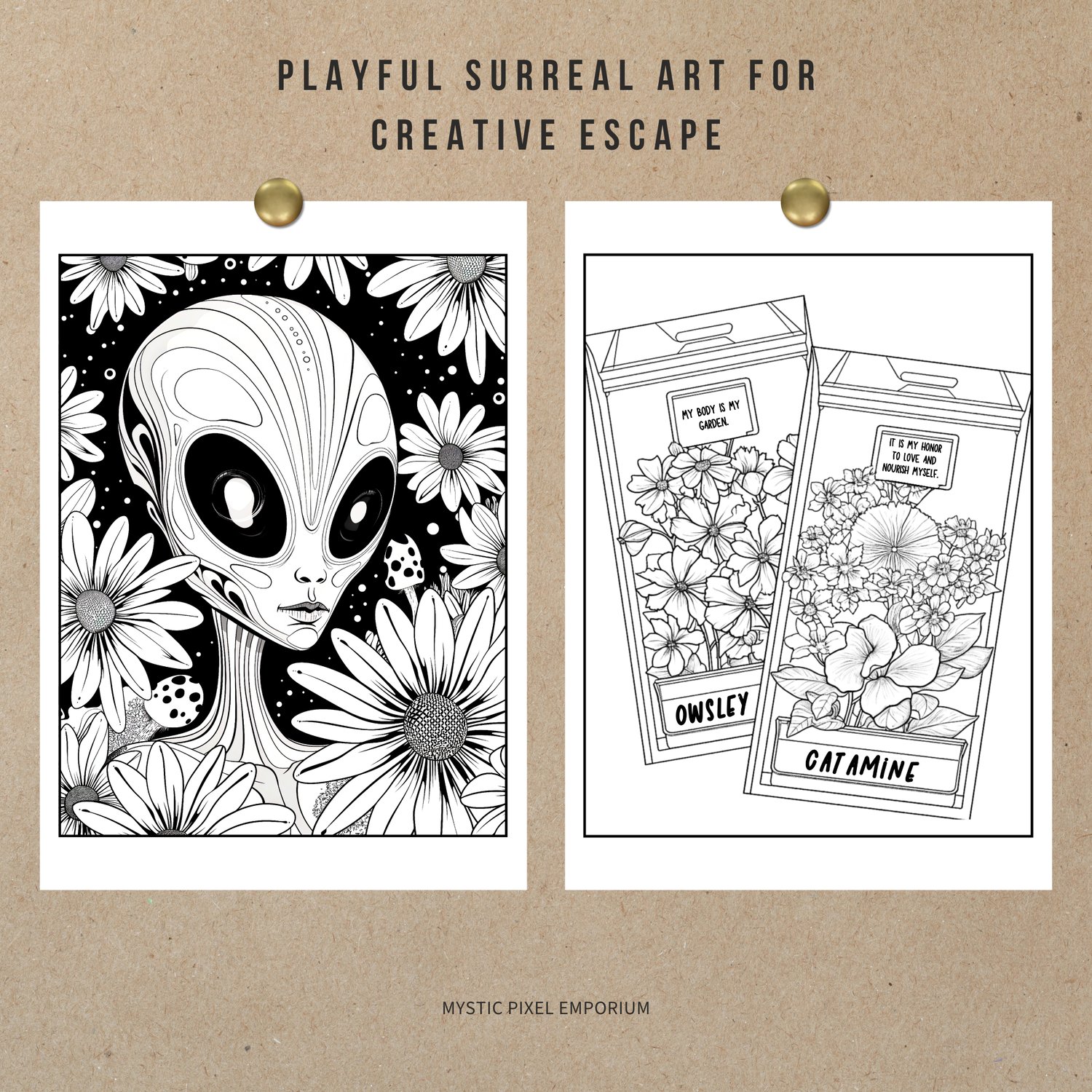 Two surreal sample pages pinned on kraft paper—cute alien among daisies and whimsical seed packets; playful trippy floral coloring