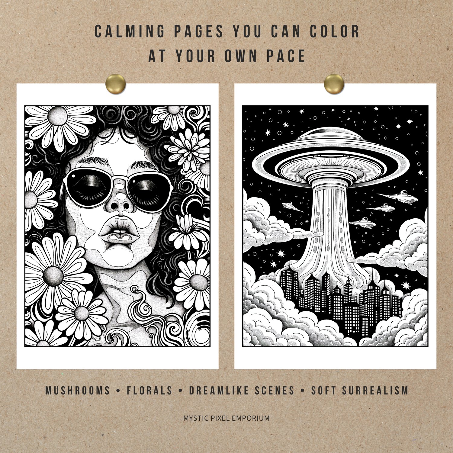 Two black-and-white sample coloring pages pinned on kraft paper—surreal woman in florals and a cosmic UFO city scene