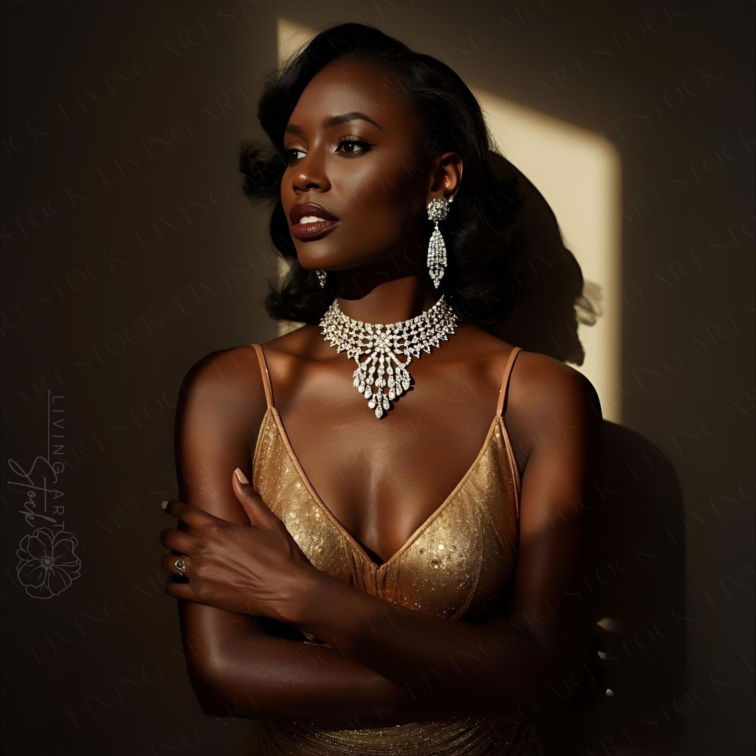 A cinematic and moody portrait of a Black woman with deep ebony skin looking off-camera with a poised, thoughtful expression. She is illuminated by a sharp, dramatic shaft of light that highlights her facial features and the shimmering texture of her meta