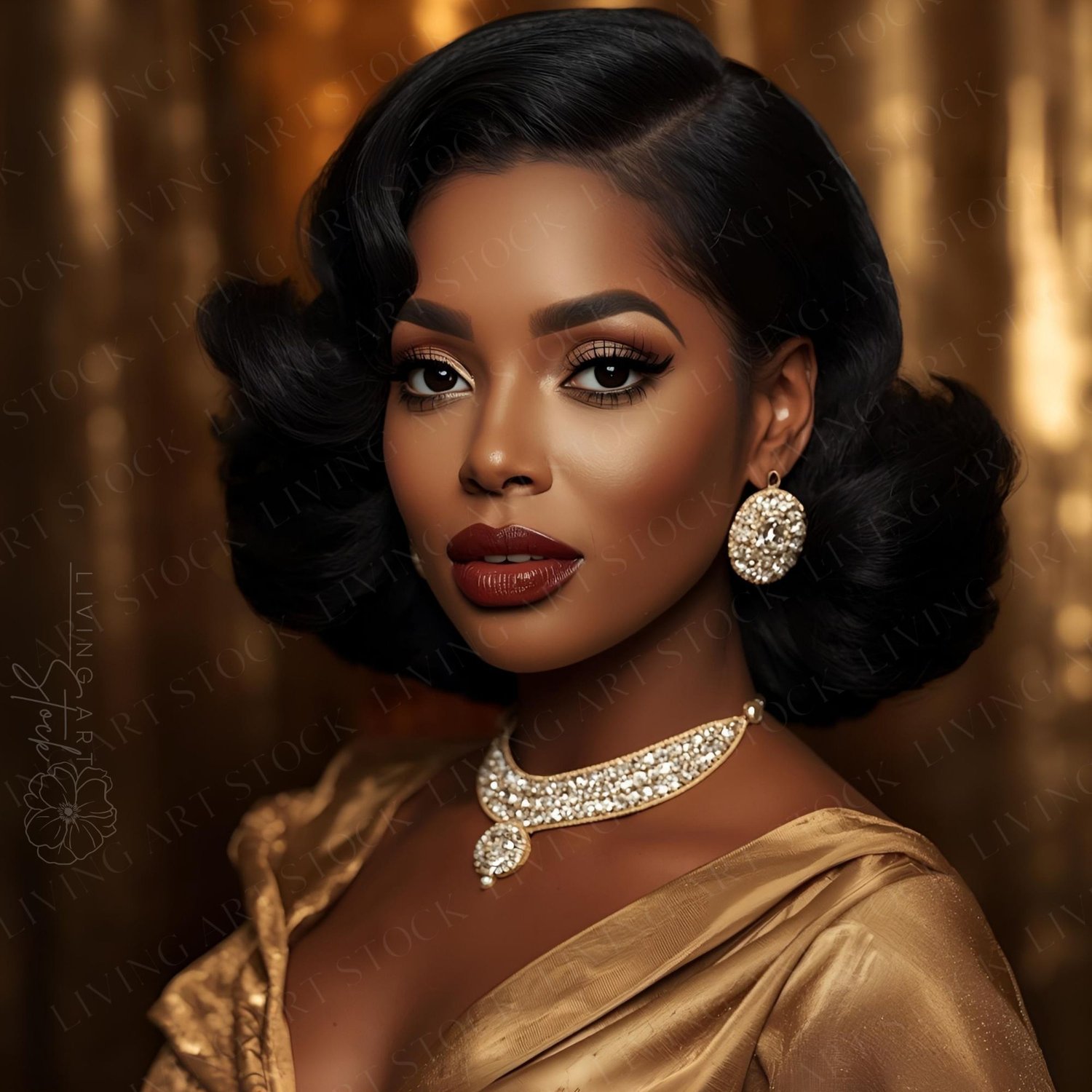 A polished and captivating portrait of a Black woman with a deep, radiant complexion looking toward the side with a serene expression. Her hair is elegantly styled in sculpted, jet-black vintage waves, and her makeup features a sophisticated deep berry li