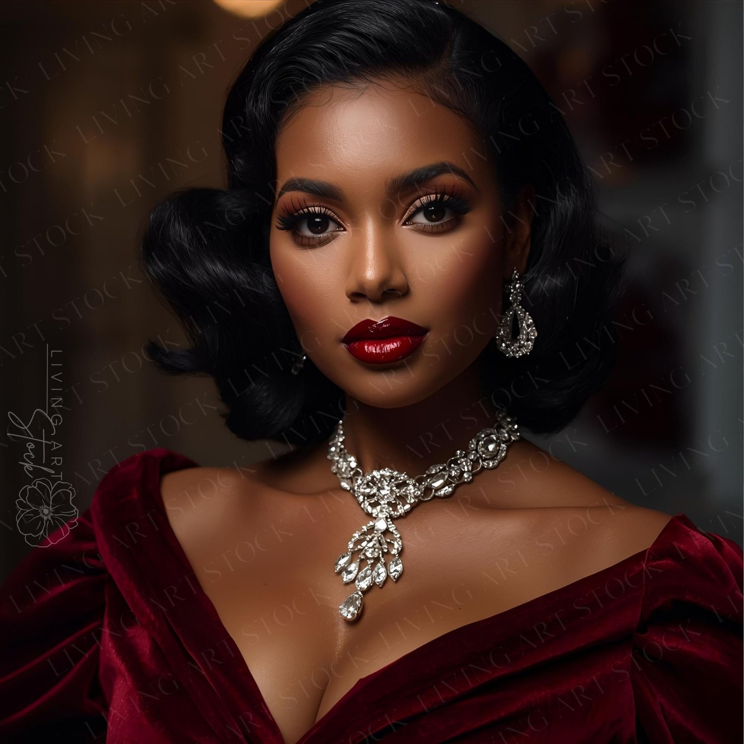 A high-glamour, close-up portrait of a stunning Black woman with a flawless, radiant complexion. She features a classic retro-wave bob in deep black and a bold, glossy red lip that anchors her sophisticated makeup look. She is wearing a deep maroon or bur