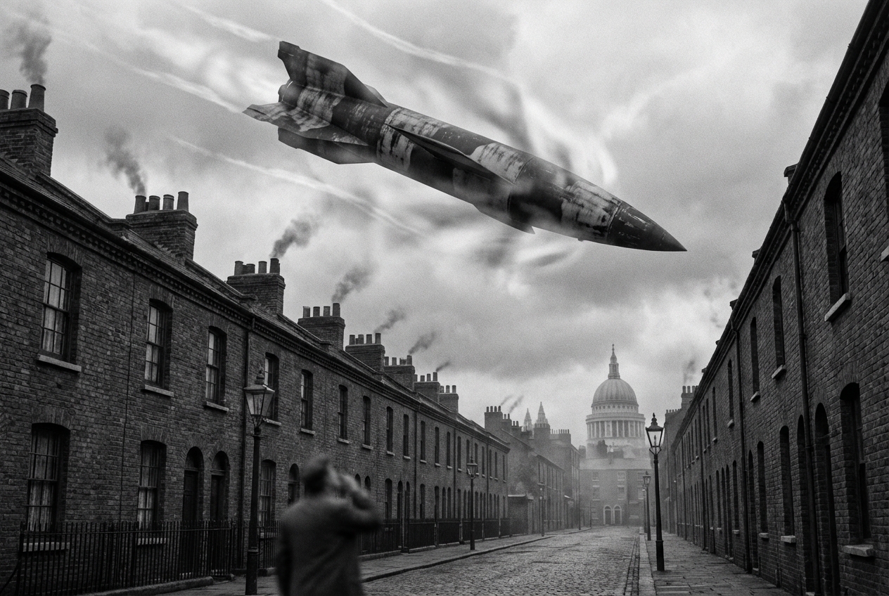 documentary-style image capturing that terrifying moment of the V2 rocket's descent over 1940s London.