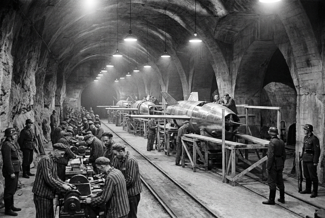 The Mittelwerk factory represents the moral foundation of the V2 program - we need to show the scale of both the engineering achievement and human suffering.  Detailed Prompt: Interior of the vast Mittelwerk underground factory tunnels carved into rock. Wide-angle view showing the cavernous space with arched concrete ceilings disappearing into darkness. Multiple V2 rocket fuselages in various stages of assembly on rail tracks and work platforms, lit by harsh industrial lighting that creates deep shadows. In the foreground and middle distance, emaciated figures in striped prisoner uniforms working under the supervision of uniformed guards. The atmosphere should be cold, damp, and oppressive, with dust motes visible in the light beams. Technical equipment, scaffolding, and precision tools should be visible, emphasising the contrast between advanced technology and brutal conditions. Style: Historical documentary photography, high contrast, deeply shadowed, conveying both technological marvel and human cost.