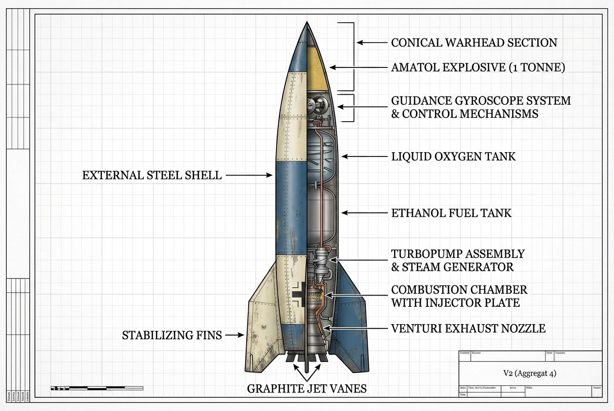 technically precise educational illustration that presents the V2's engineering innovation in an informative, non-glorifying manner