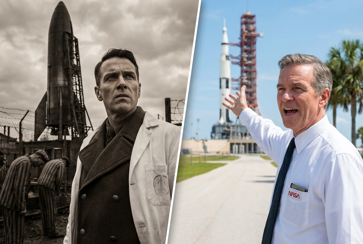 The Moral Paradox - "Von Braun's Two Worlds"  Concept: Capture the duality of the man who built both terror weapons and moon rockets.  Detailed Prompt: A sophisticated composite portrait showing Wernher von Braun's moral duality. Left side: von Braun in 1940s German military uniform or lab coat, standing before a V2 rocket at Peenemünde, with shadowy silhouettes of concentration camp prisoners and barbed wire in the background. Right side: the same man in 1960s NASA attire, enthusiastically pointing toward a Saturn V rocket model, with the Moon visible through a window behind him. The composition should use a subtle vertical dividing line or gradient transition. Lighting: darker, more ominous on the left (sepia or desaturated tones), brighter and more hopeful on the right (clean whites and blues), but with an underlying tension throughout. The man's expression should be similar in both - passionate about rockets, but the context transforms the meaning. Style: Historical composite photography with dramatic lighting contrast.