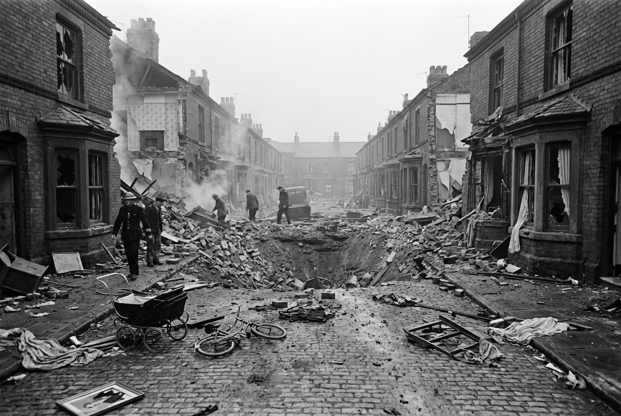The Moment of Impact - "Crater Where Life Used to Be"  Concept: Show the immediate aftermath to illustrate the human cost and the weapon's devastating effectiveness.  Detailed Prompt: Wide shot of a London residential street immediately after a V2 strike, 1944. Centre of image: massive crater in the middle of the road where three Victorian terraced houses once stood. Surrounding buildings show blast damage - blown-out windows, collapsed walls, scattered debris (bricks, timber, household items, a child's bicycle). Dust and smoke still rising. In the foreground, shocked civilians in 1940s clothing and ARP wardens with helmets emerging from Anderson shelters and doorways, staring at the devastation in disbelief. The contrast should be stark - total destruction in the centre, relatively normal life continuing just metres away. Natural daylight, emphasising there was no blackout, no warning. Style: Wartime documentary photography, gritty realism, emotional weight without graphic content.  Caption: No sirens, no warning - just a crater and chaos where a street used to be.