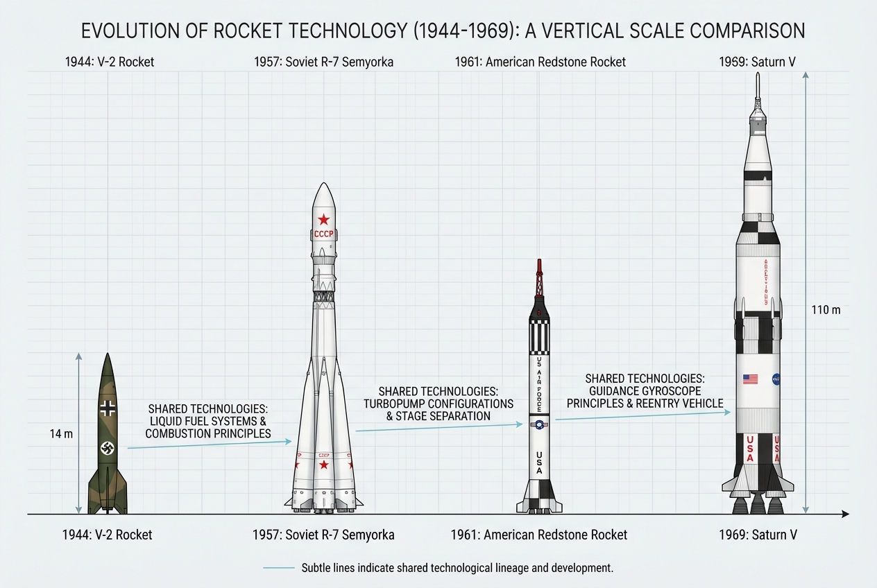 The Cold War Legacy - "From Terror Weapon to Moon Shot"  Concept: Show how the V2's technology became the foundation for space exploration.  Detailed Prompt: Clean timeline comparison showing rocket evolution from left to right: V2 rocket (1940s, dark camouflage), Soviet R-7 (1950s, white with red markings), American Redstone (1960s, white and black), and Saturn V (massive, white and black). All rockets shown to scale vertically, with subtle connecting design lines highlighting technological lineage - similar engine configurations, fuel systems, guidance principles. Background should transition from dark, war-torn European landscape on the left to bright, star-filled space on the right, with subtle ghosted images: Mittelbau-Dora tunnels fading to Sputnik, Apollo missions, and modern satellites. Include simple text labels with dates and purposes. Style: Clean infographic design with historical photography elements, educational but emotionally resonant.  Caption: From terror weapon to Moon rocket - the same technological family tree.