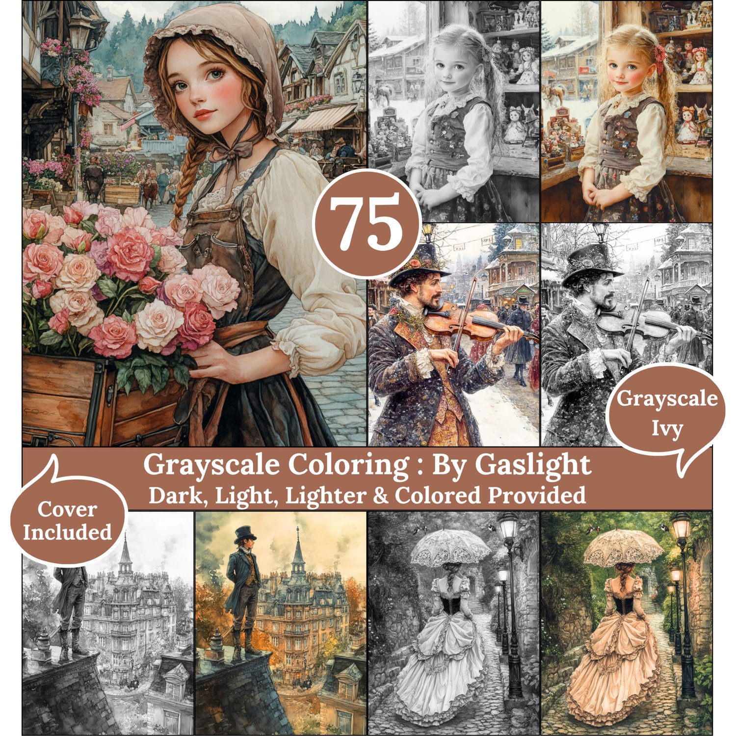 By Gaslight, 75 Coloring Pages, Grayscale Drawings, Dark Light Lighter and Colored Versions, Digital Art Sheets, Vintage Village Scene
