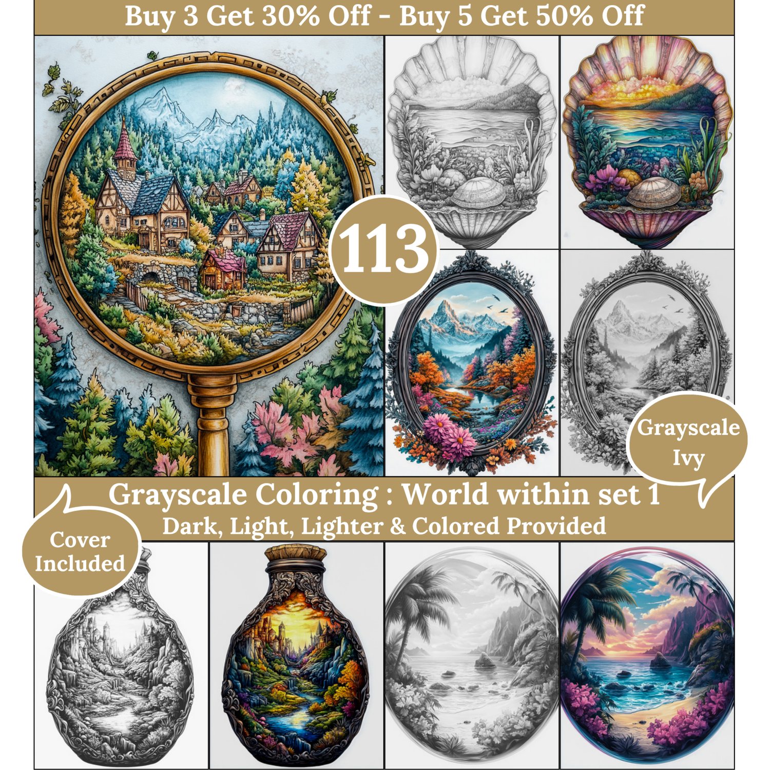 World within set 1, 113 Coloring Pages, Grayscale Drawings, Dark Light Lighter and Colored Versions, Digital Art, World Hidden Inside