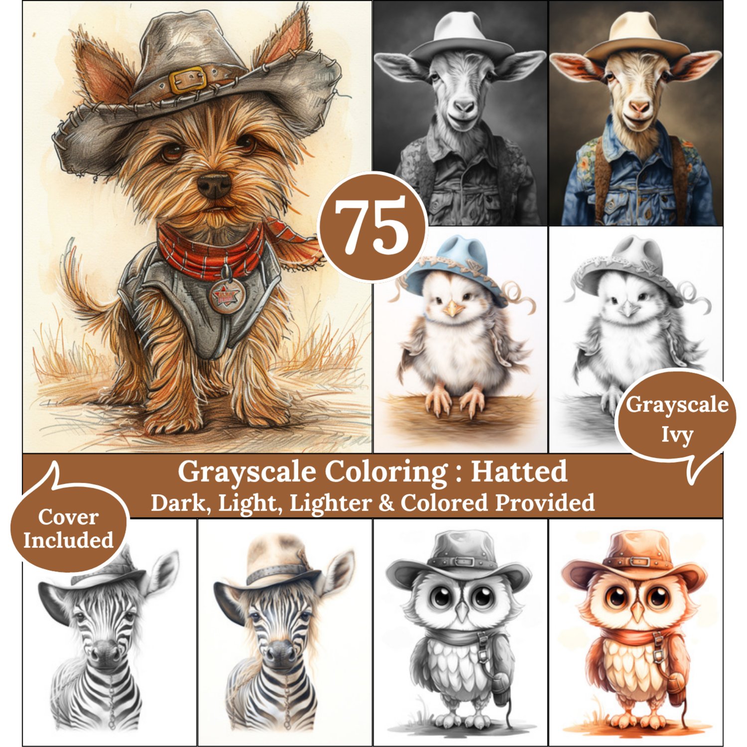 Hatted, 75 Coloring Pages, Grayscale Drawings, Dark Light Lighter and Colored Versions, Digital Art, Cute Pets with Hats
