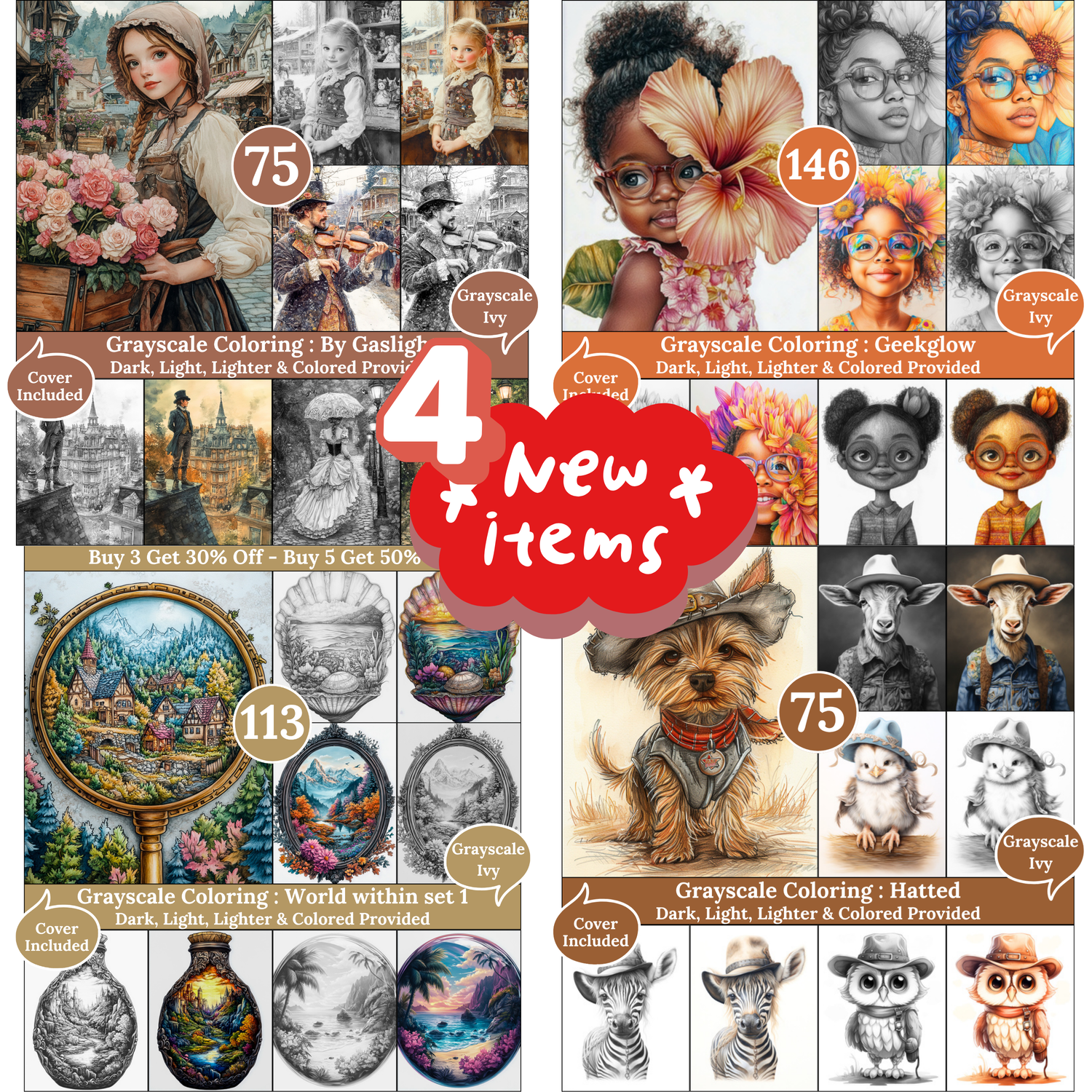 Grayscale Ivy New Arrivals — Janurary 24, 2025 4 New Grayscale Coloring Books for Adults – Printable Digital PDFs Each book includes Dark, Light, Lighter & Colored versions, ideal for calm and creative coloring time.