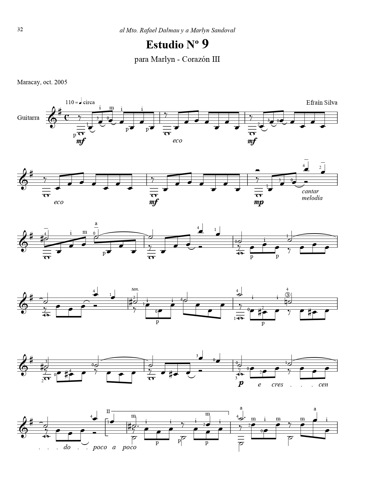 Estudio 9 Para Marlyn, Corazón III, Rafael Dalmau, Appoggiatura, Apoyatura, Harmonic Tension, Introspective Guitar, Venezuelan Guitar School, Efraín Silva, Sheet Music.