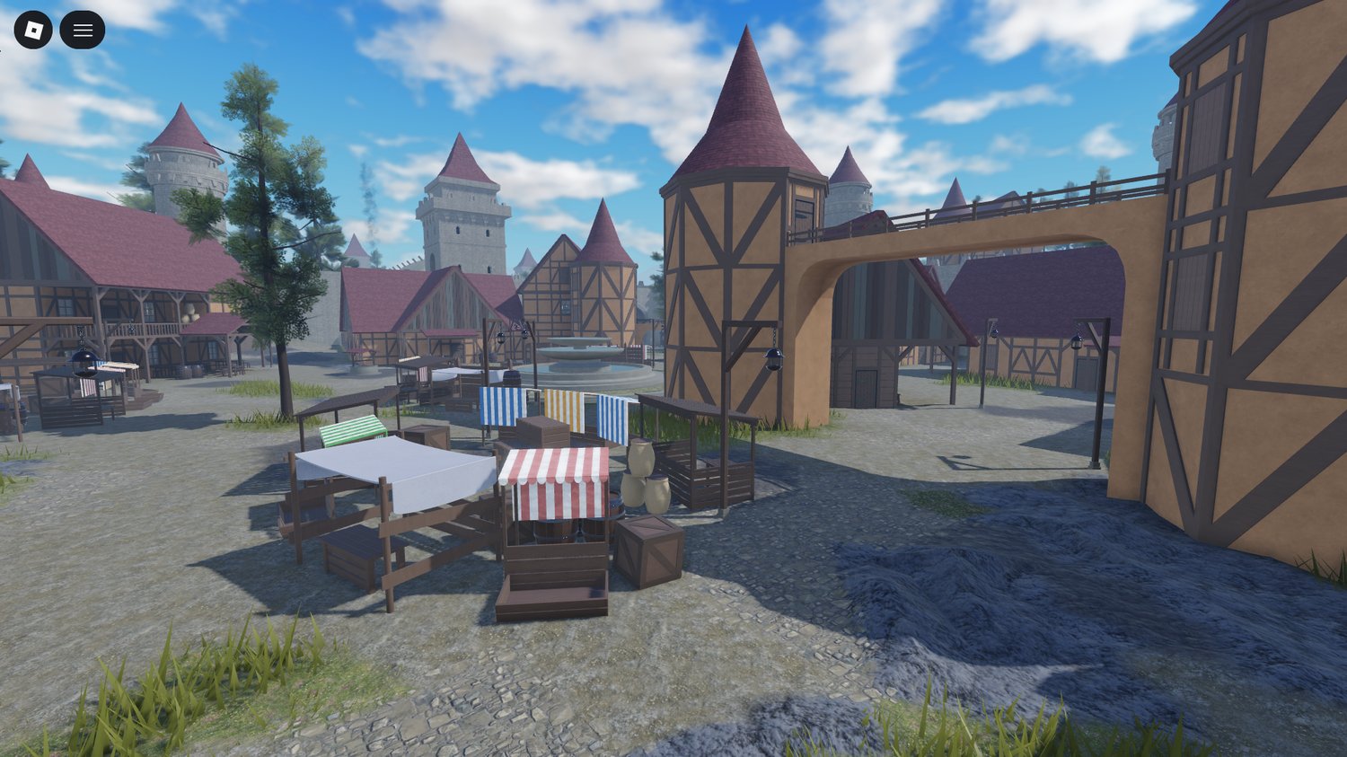 Courtyard and stone pathways in fantasy city Roblox
