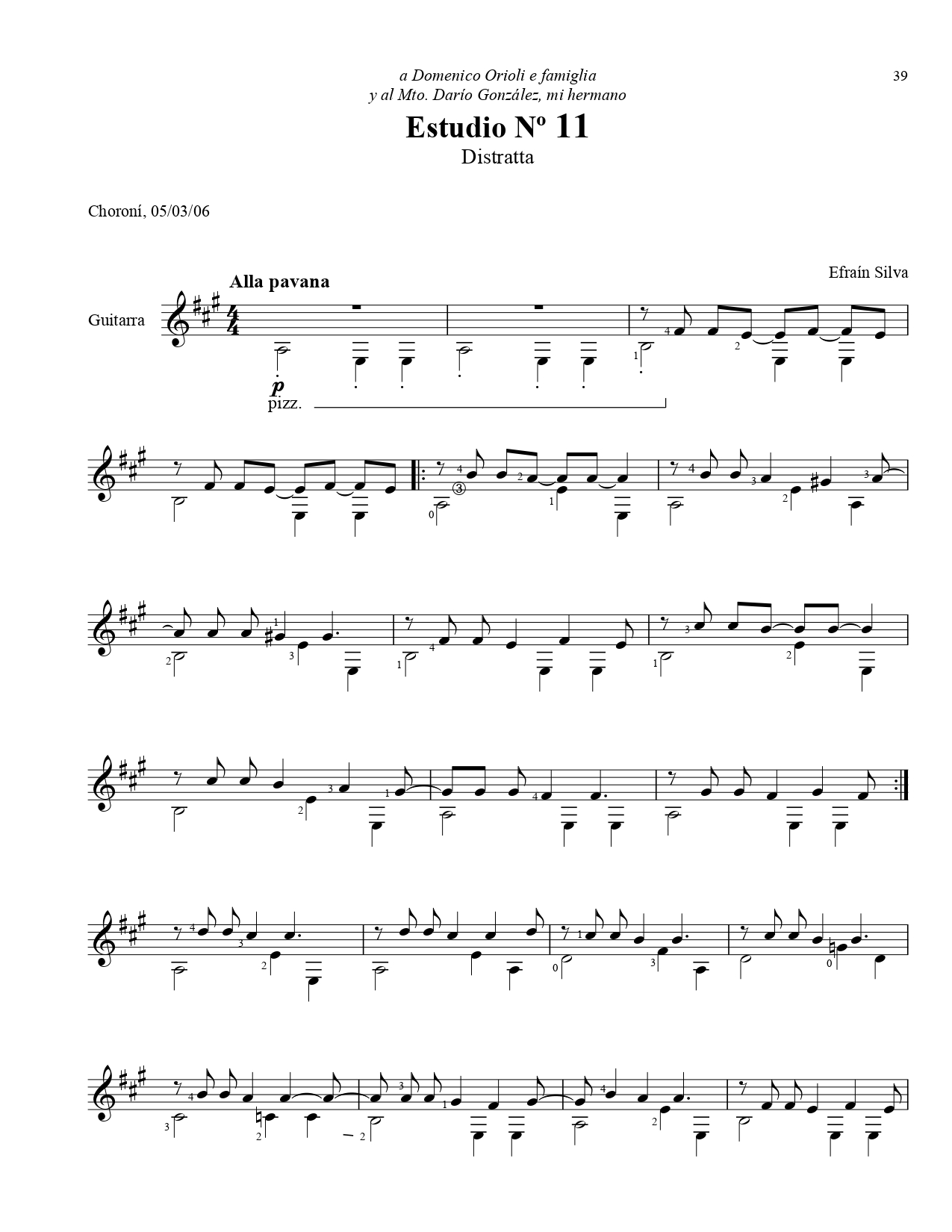 Study No 11 Distratta, Fifteen Venezuelan Studies, Quince Estudios Venezolanos, Choroni 2006, Basso Ostinato, Bolero Rhythm, Pavane, Dario Gonzalez, Domenico Orioli, Efrain Silva, Venezuelan Guitar School, Sheet Music, Estudio Nº 11 Distratta, Quince Estu