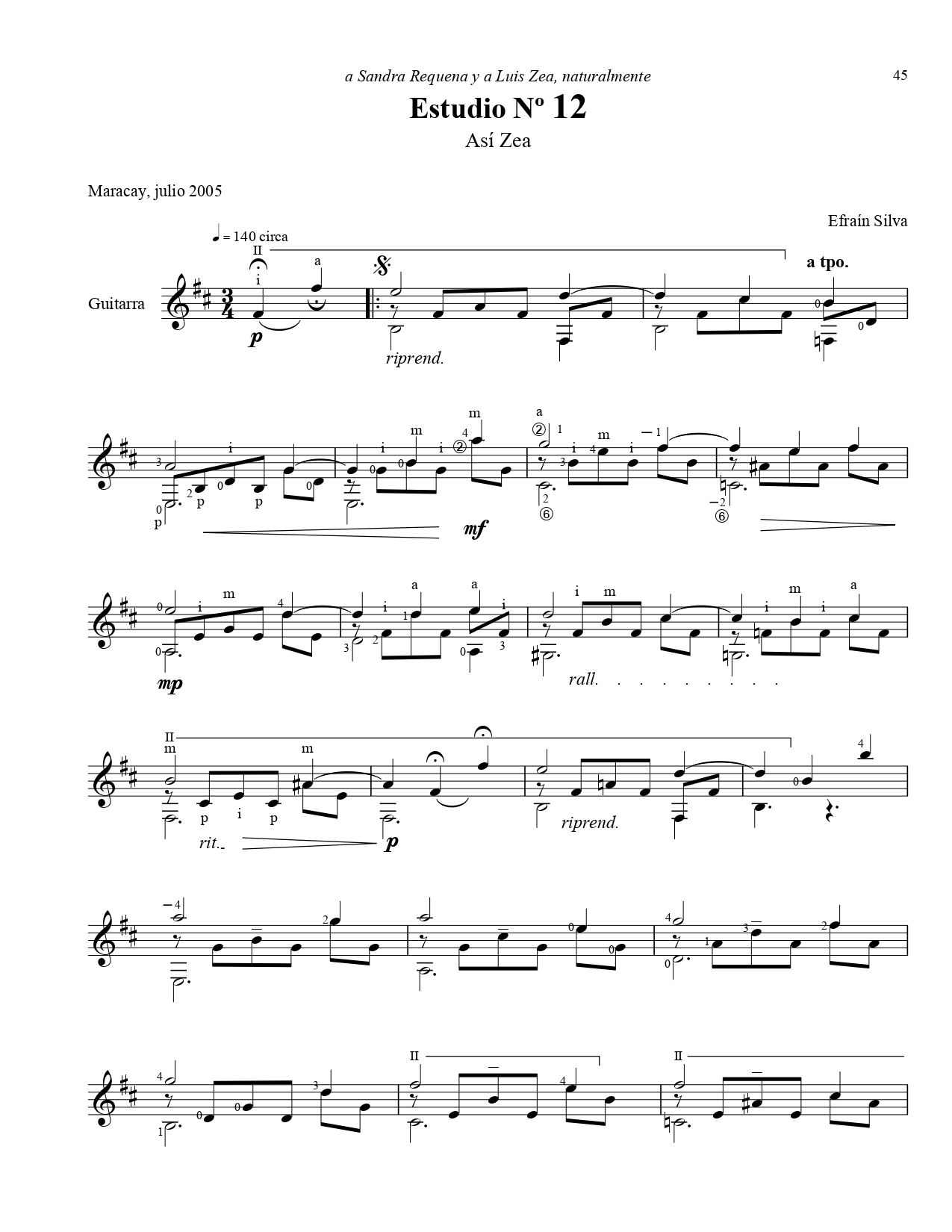 Study No 12 Asi Zea, Fifteen Venezuelan Studies, Quince Estudios Venezolanos, Luis Zea, Vals Elegiaco, Sandra Requena, Maracay 2005, Homage, Antonio Lauro, Efrain Silva, Venezuelan Guitar School, Partituras.