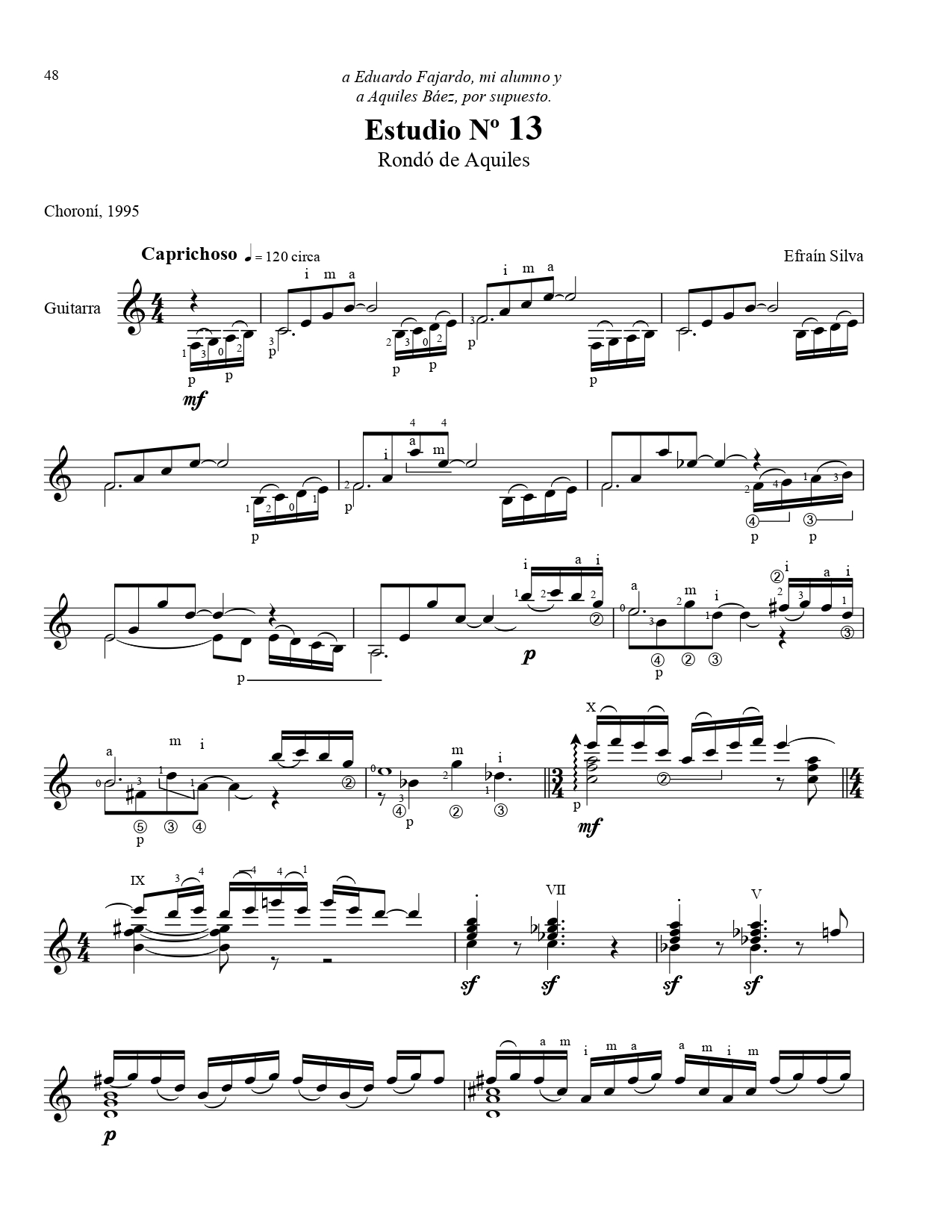 Study No 13 Rondo de Aquiles, Fifteen Venezuelan Studies, Quince Estudios Venezolanos, Aquiles Baez, Choroni 1995, Slurs, Ligados, Technical Study, Eduardo Fajardo, Efrain Silva, Venezuelan Guitar, Sheet Music.