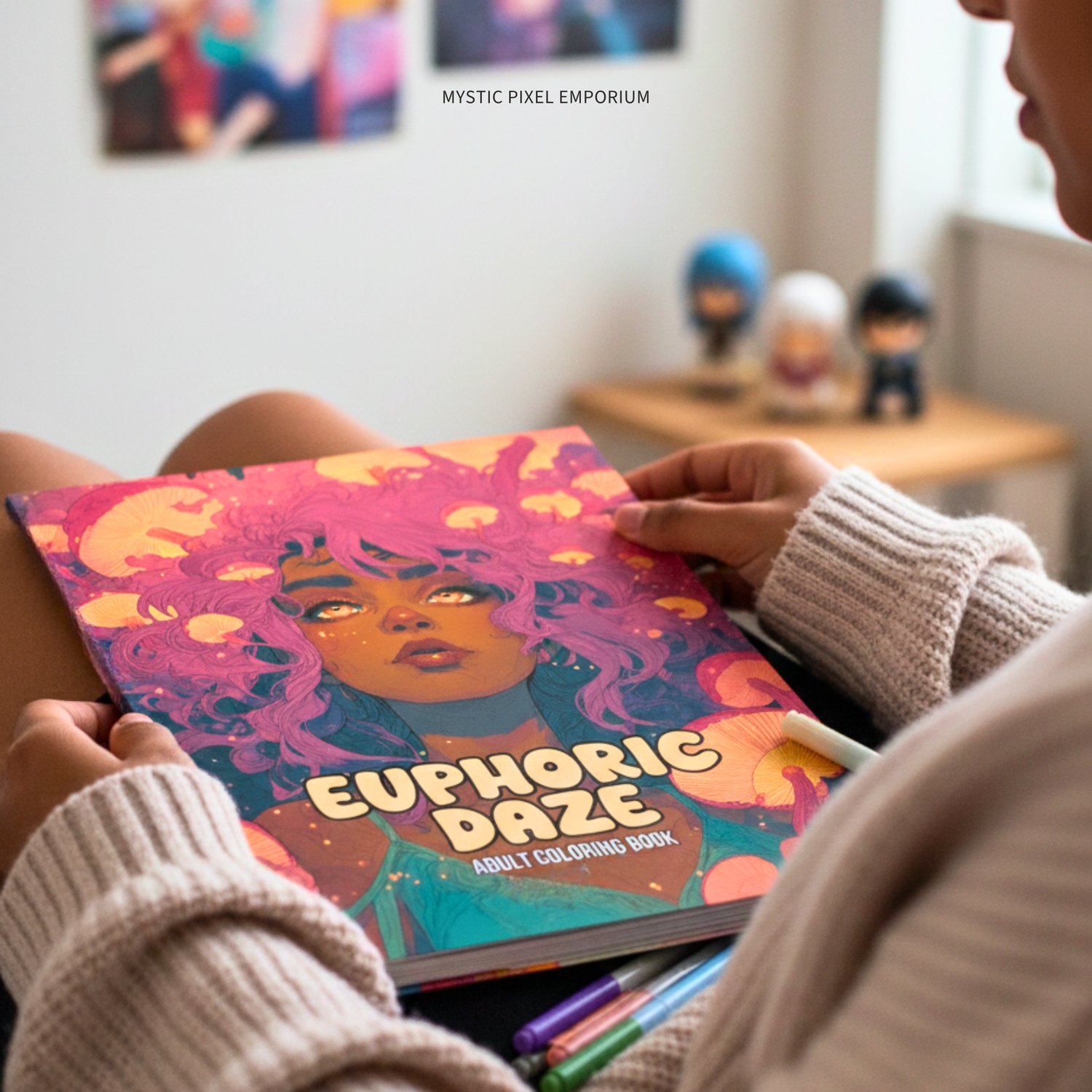 Hands holding the “Euphoric Daze” adult coloring book cover in a cozy room, showing a calming printable coloring book vibe