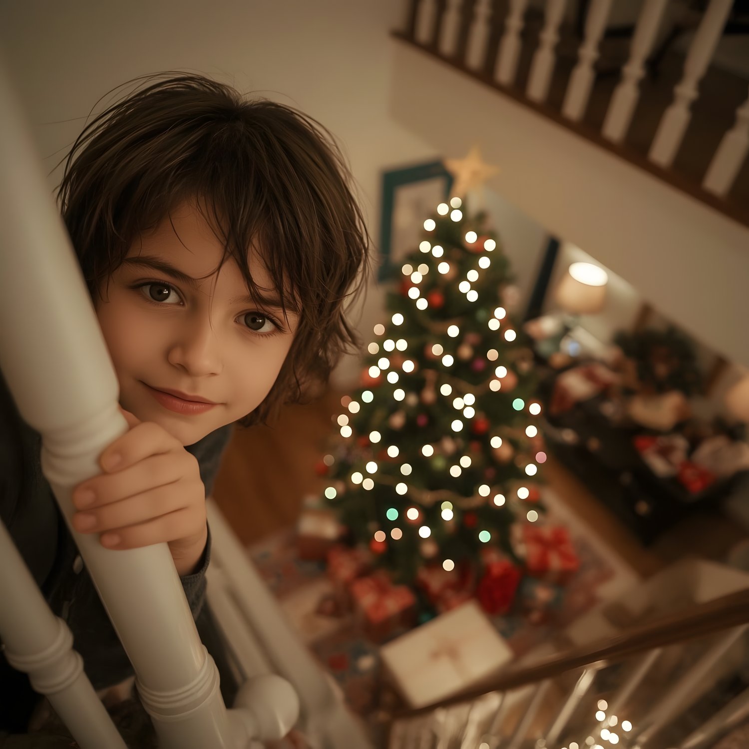 Kid peeping at the Christmas tree in Christmas eve