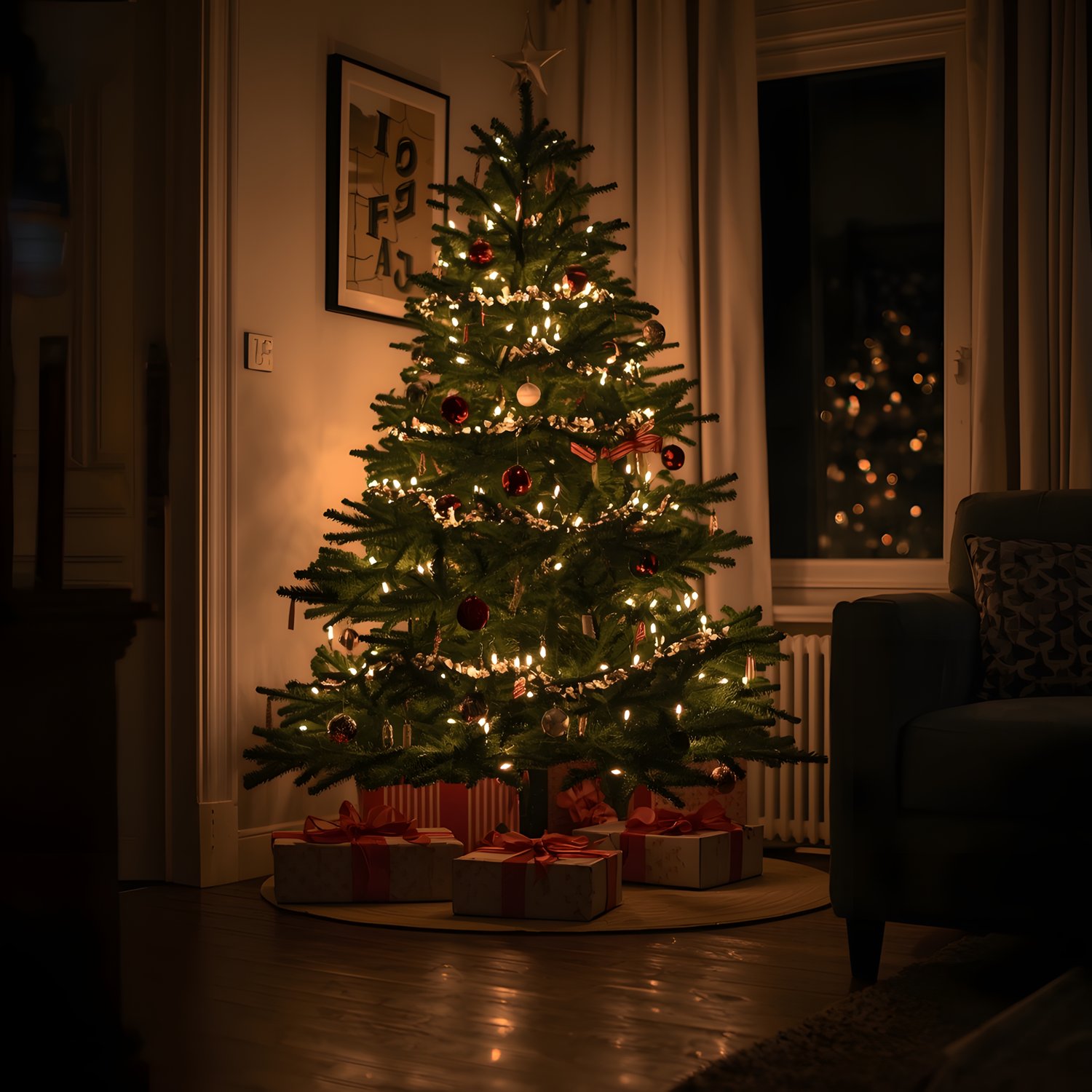Gift boxes underneath Christmas tree in the living room