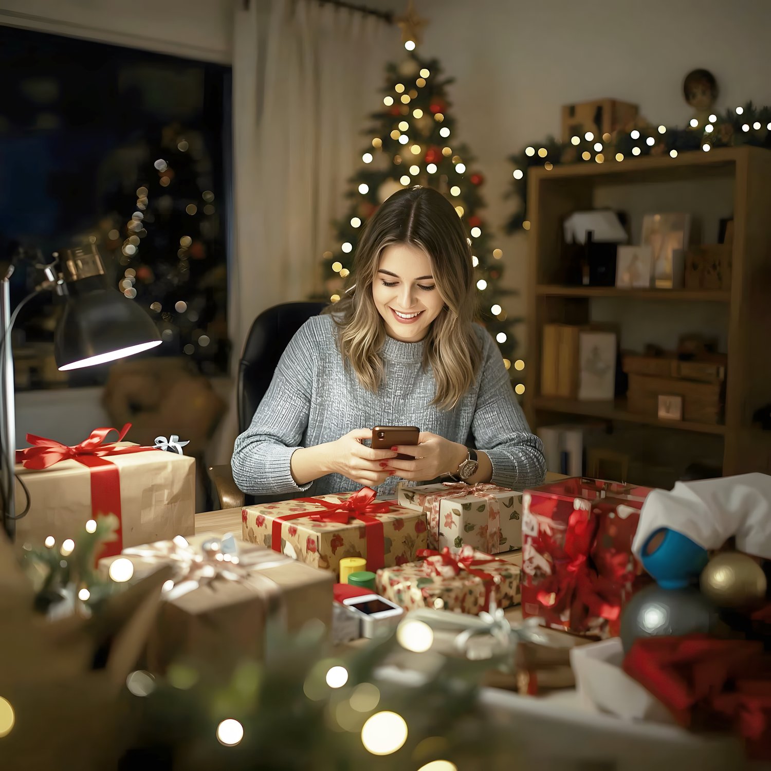 A happy mom wrapping Christmas gifts