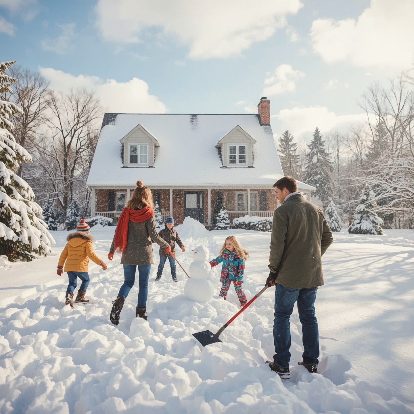 A familay playing with snow in the front of their house.2