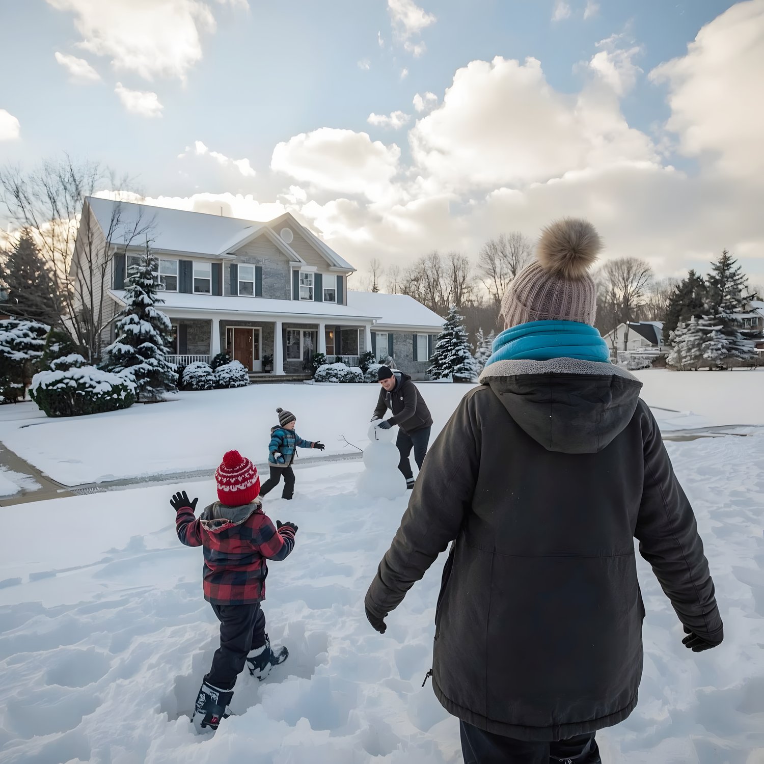 a family playing with snow in front of their house