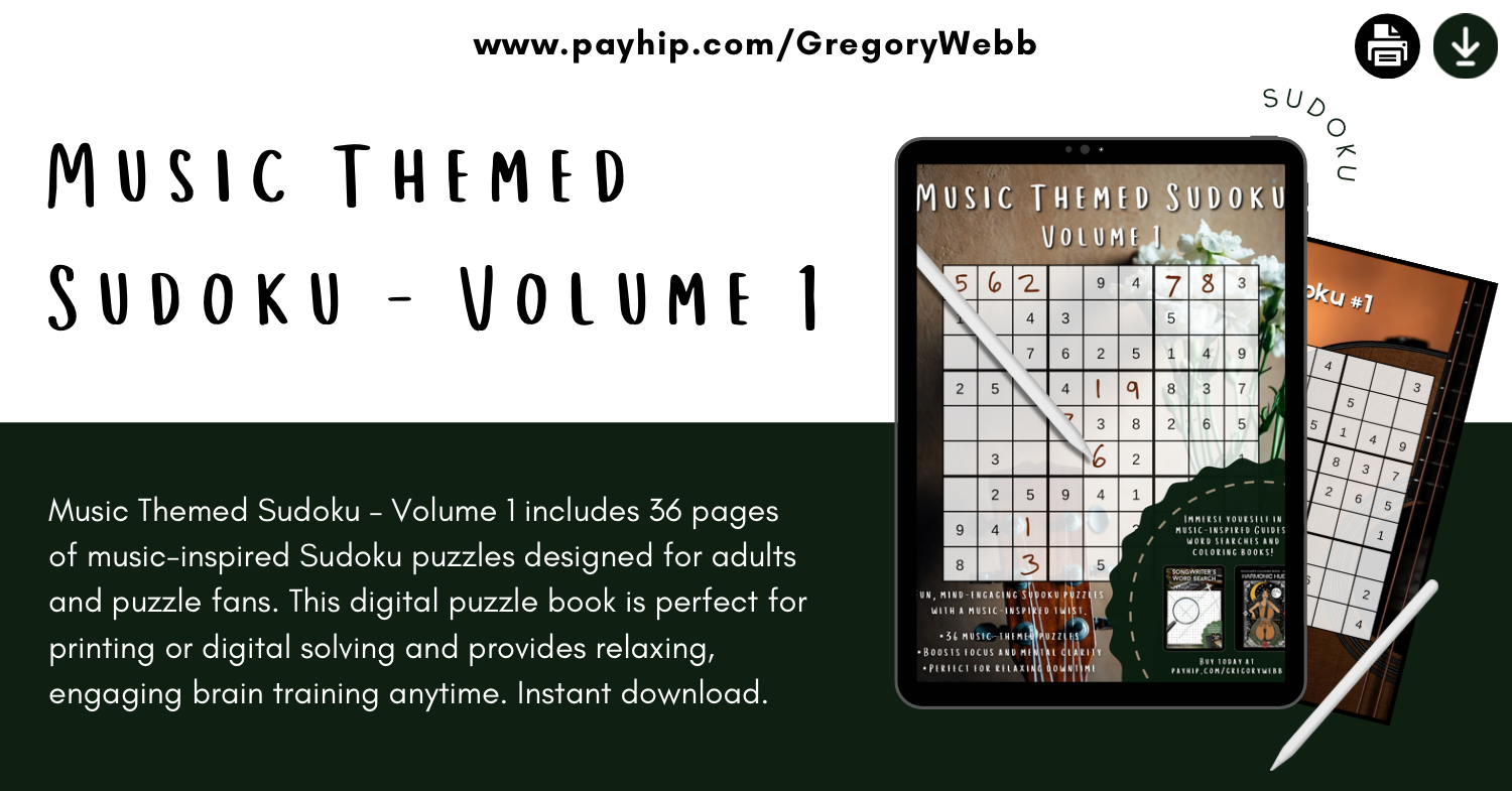 Music Themed Sudoku – Volume 1 includes **36 pages of music-inspired Sudoku puzzles** designed for adults and puzzle fans. This digital puzzle book is perfect for printing or digital solving and provides relaxing, engaging brain training anytime. Instant download.