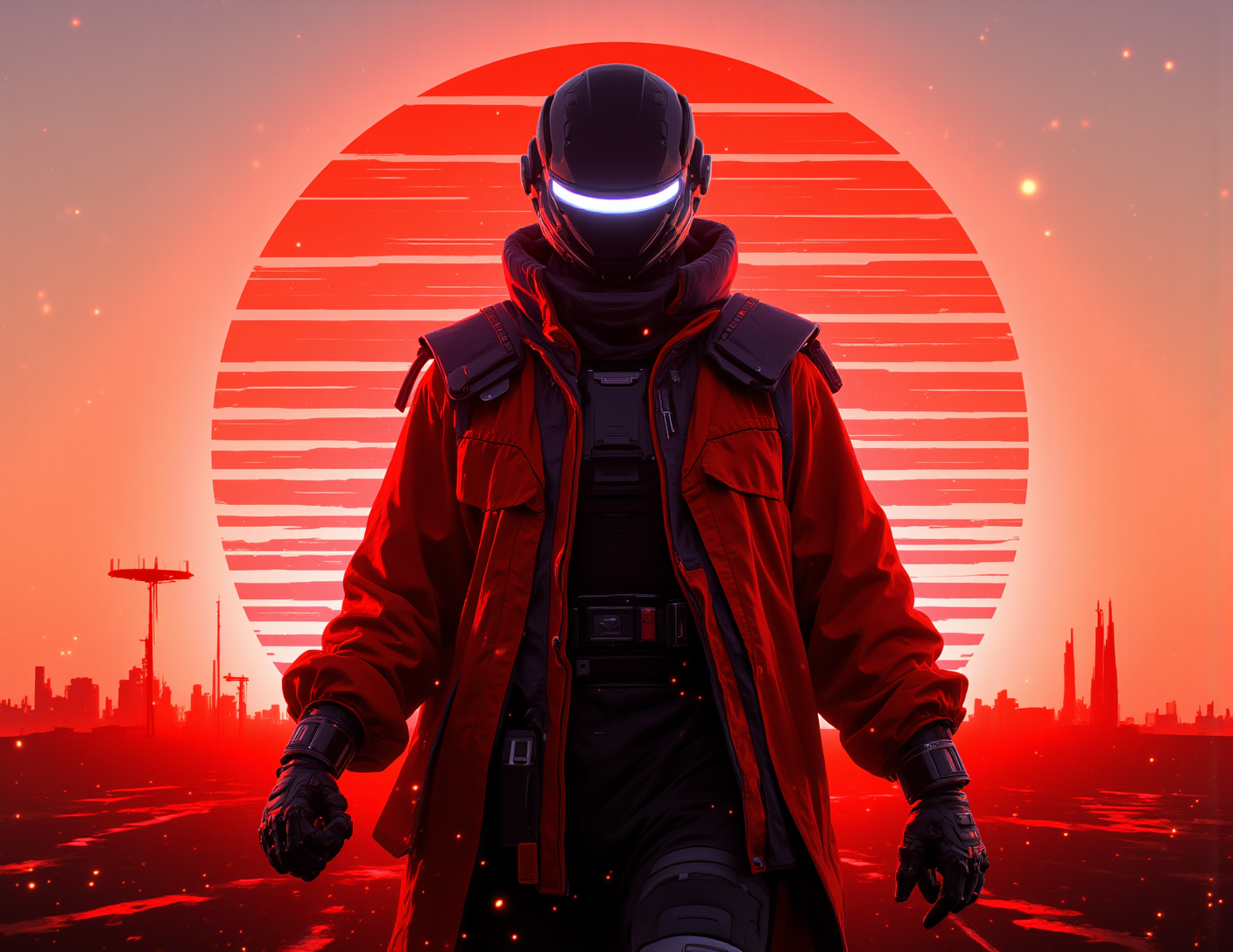 Synthwave and retro future wallpaper collection featuring a futuristic figure in front of a glowing red sunset with neon sci-fi scenery.