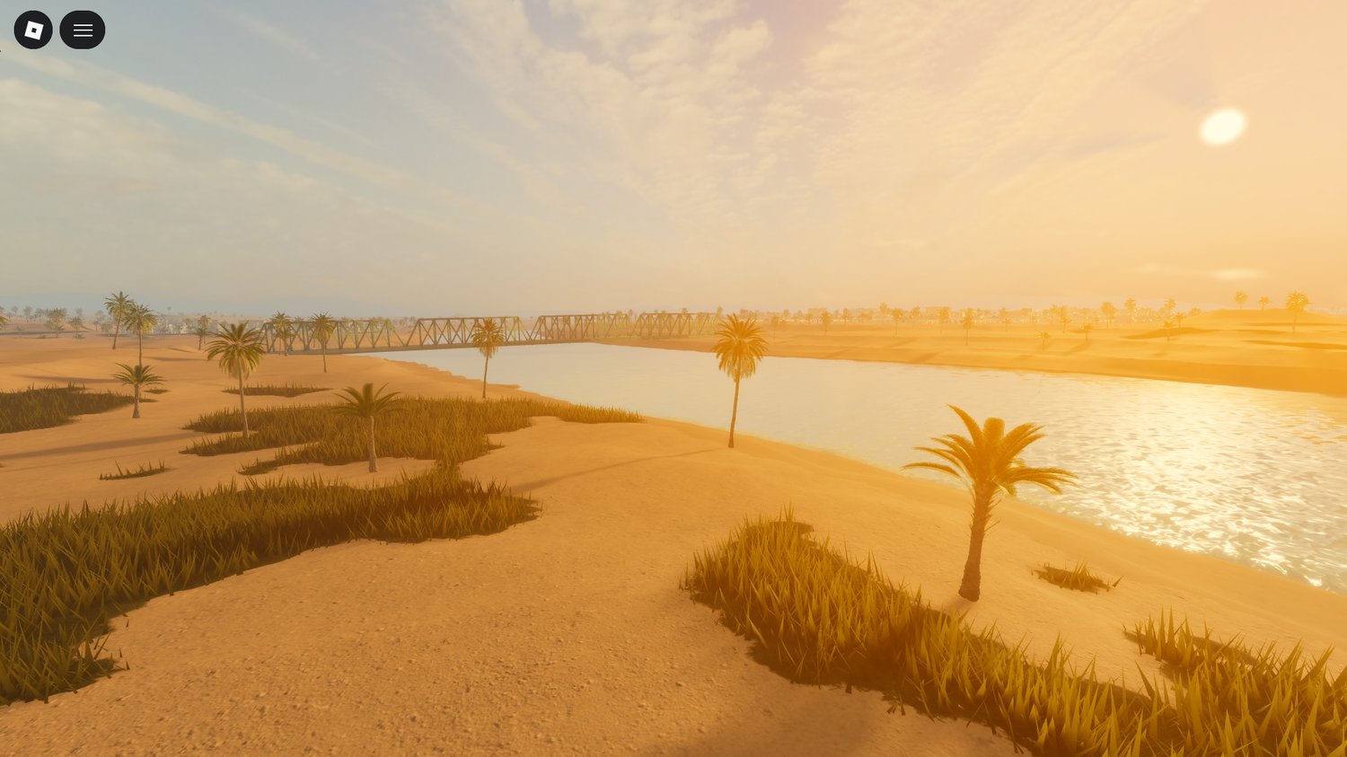 Detailed marketplaces and palm trees in Roblox desert environment