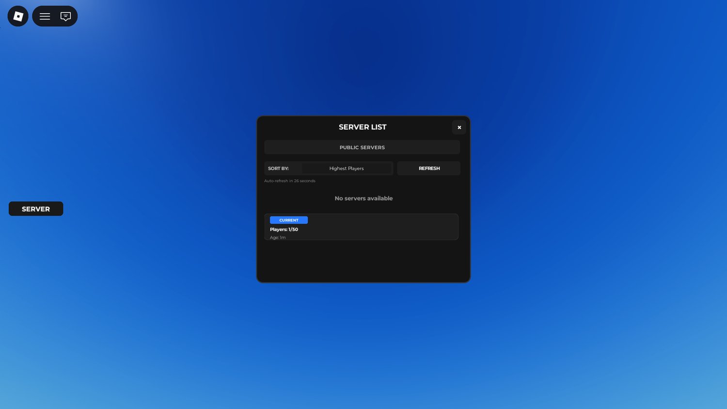 Roblox server list UI with interactive buttons