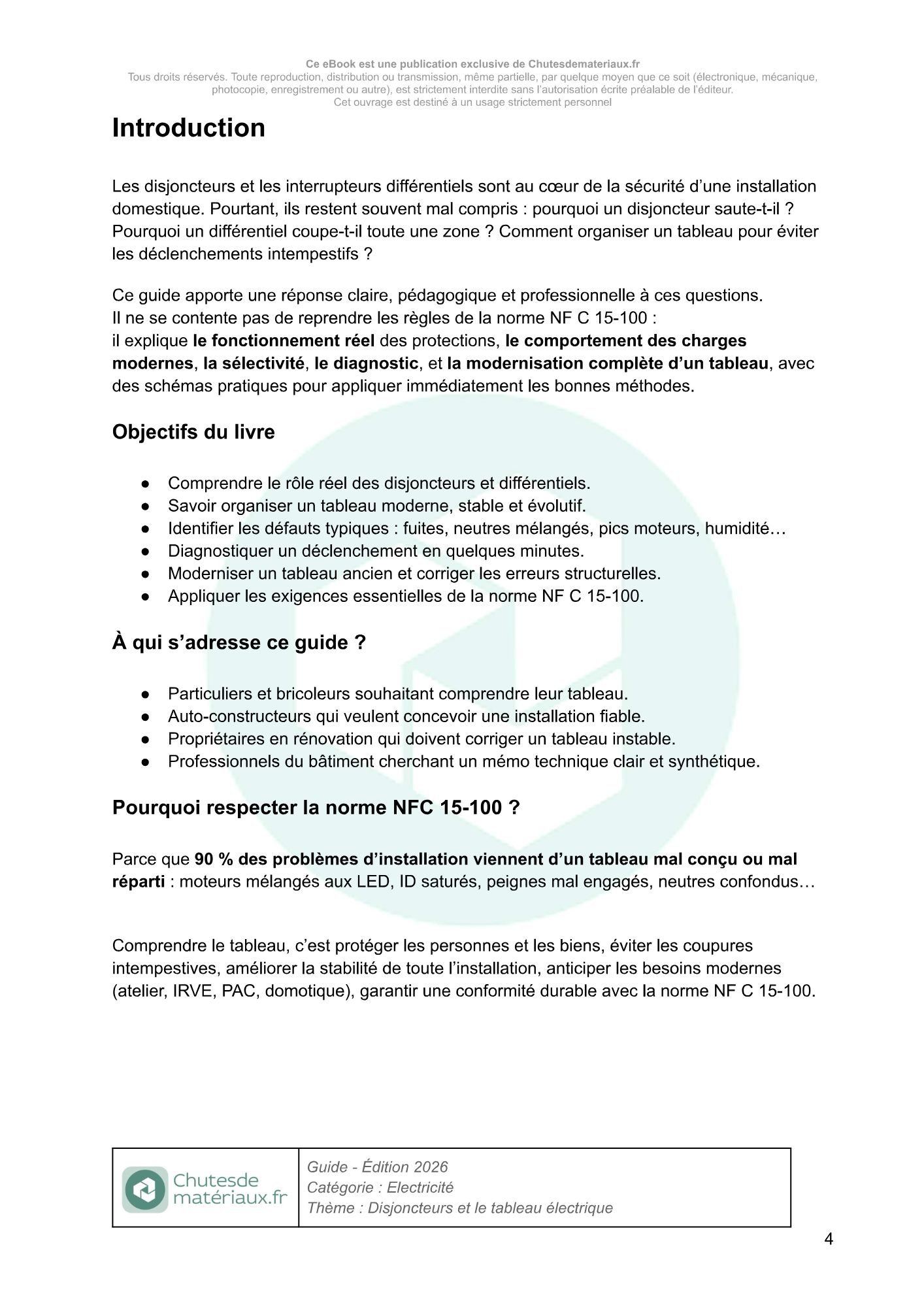 Introduction du guide sur les disjoncteurs et le tableau électrique conforme à la norme NFC 15-100 avec objectifs et public concerné.