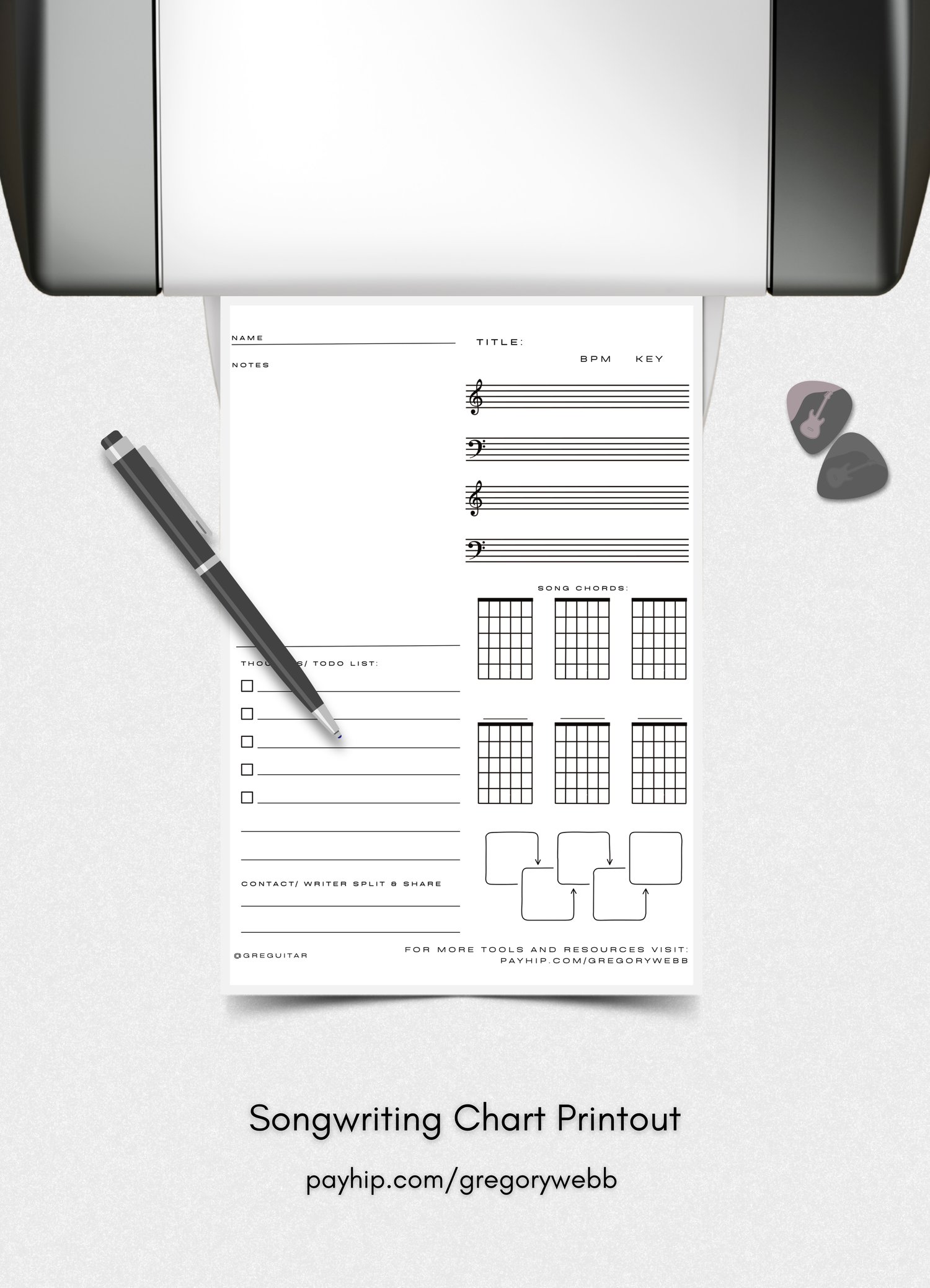 Free songwriting chart PDF to map out song structure, lyrics, chords, and ideas fast. Use digitally or print to organize and develop musical ideas with clarity. Perfect for songwriters, musicians, and composers.