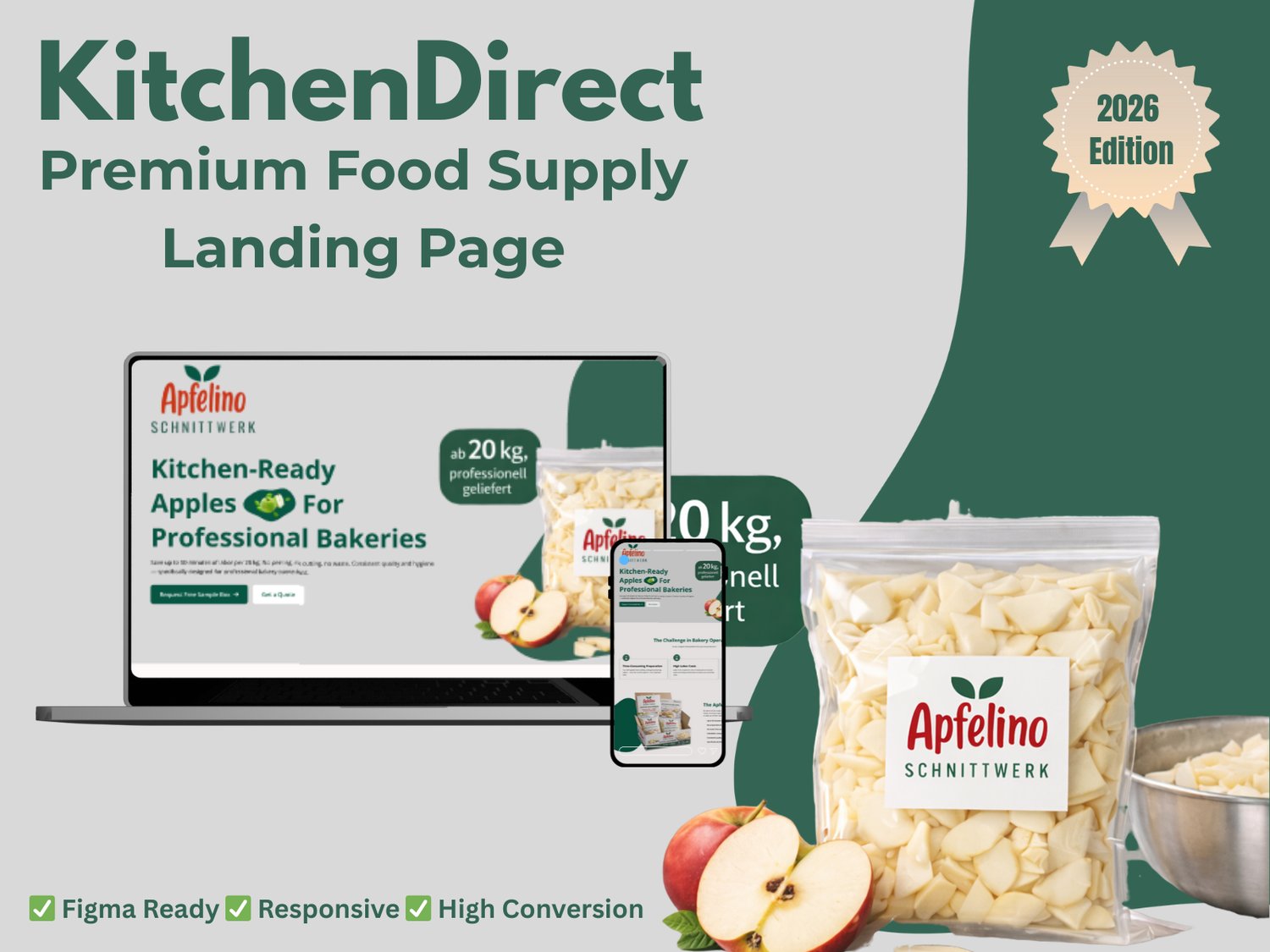 A premium B2B Figma landing page template titled KitchenDirect, featuring a 2026 Edition badge, a professional chef in a kitchen, and responsive desktop and mobile website layouts.