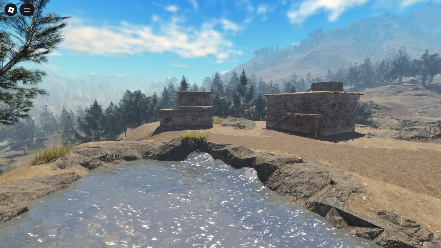 Realistic Roblox mountain combat arena with fortified structures
