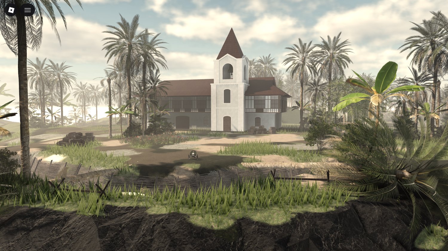 Colonial-era inspired Roblox structures in a combat map