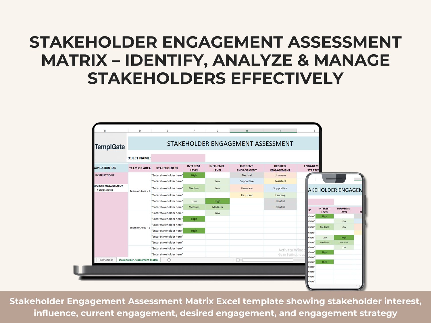 Stakeholder Engagement Assessment Template in Excel showing stakeholder interest, influence, current and desired engagement levels