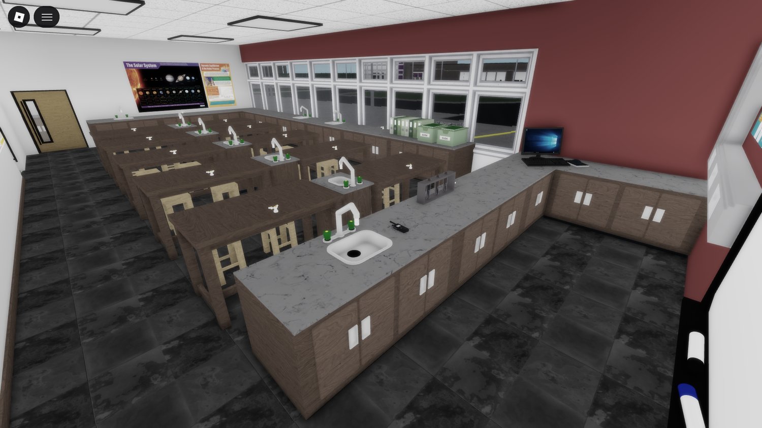 Detailed hallways and restrooms in two-floor Roblox school map