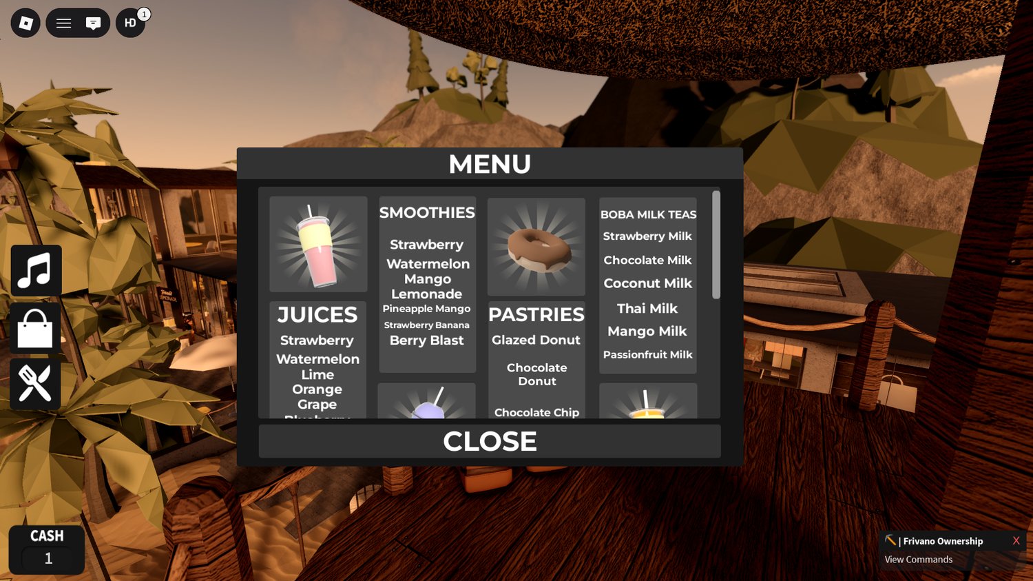 Clothes store and scenic water areas in Roblox Frivano Bar